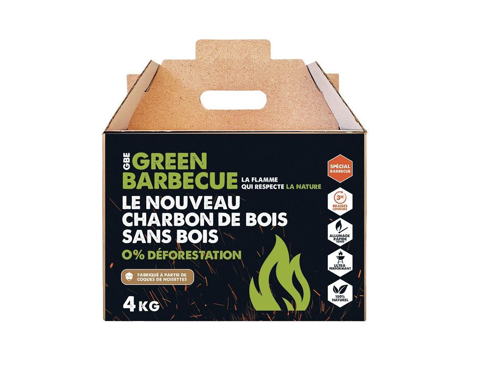 Briquette de charbon de coques de noisettes - GREEN BBQ - Carton de 4kg