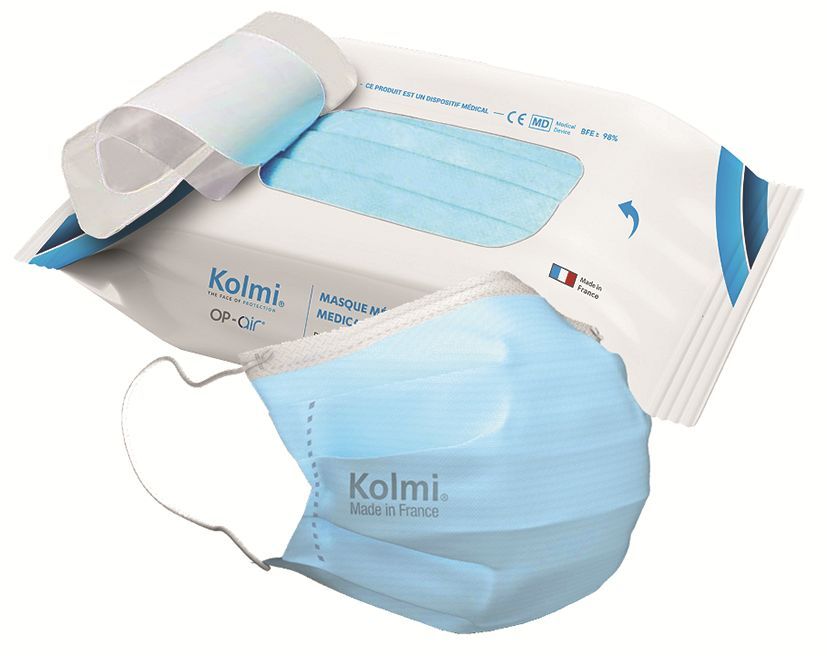 Masque chirurgical 3 plis bleu OP AIR type IIR France - KOLMI - Sachet de 25