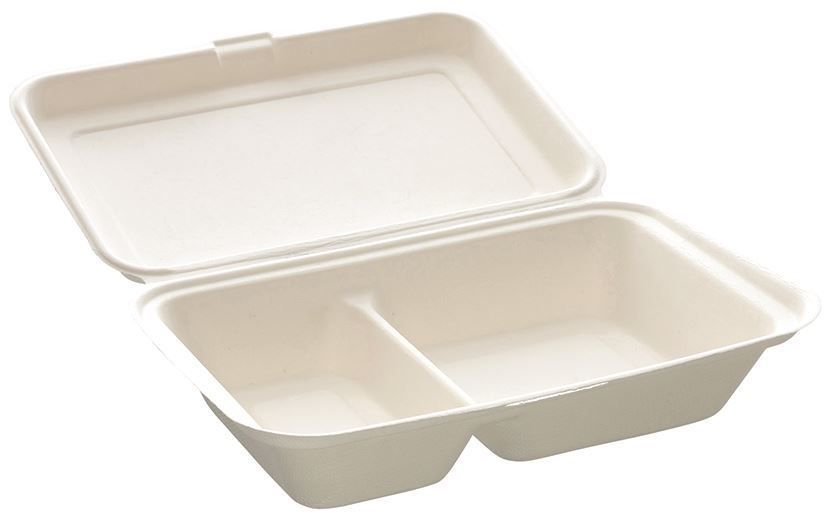 Boite repas repas bagasse blanc 2 compartiments 25,1x16,2x6,1cm - Carton de 400