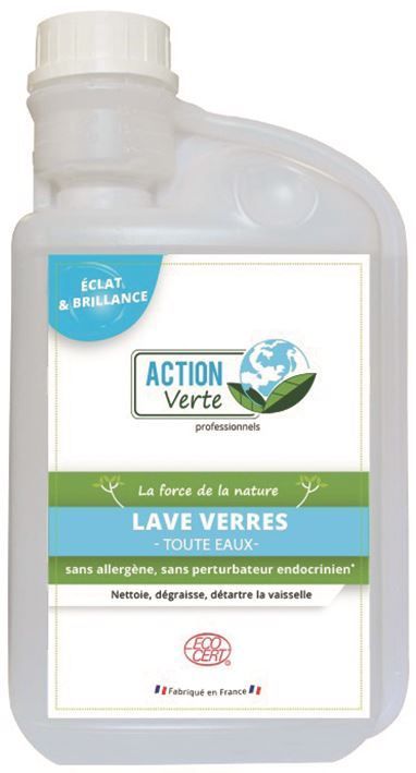 Détergent liquide lave verres écologique - ACTION VERTE - Flacon de 1l