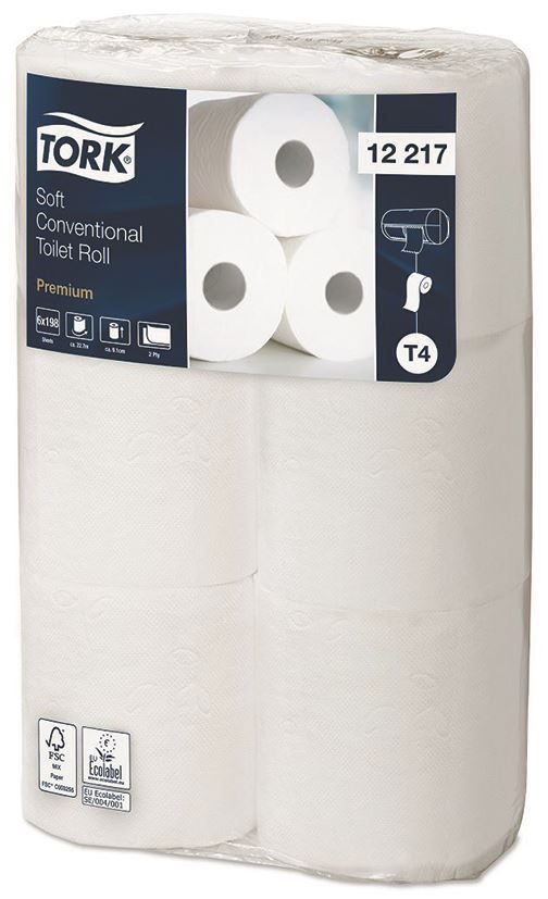 Rouleau papier toilette 2 plis blanc 198 formats T4 - TORK - Carton de 72