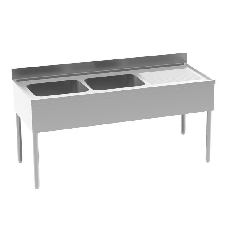 Plonge inox adossée 2 bacs + égouttoir droite 1600x700mm - INOX E INOX - A l'unité