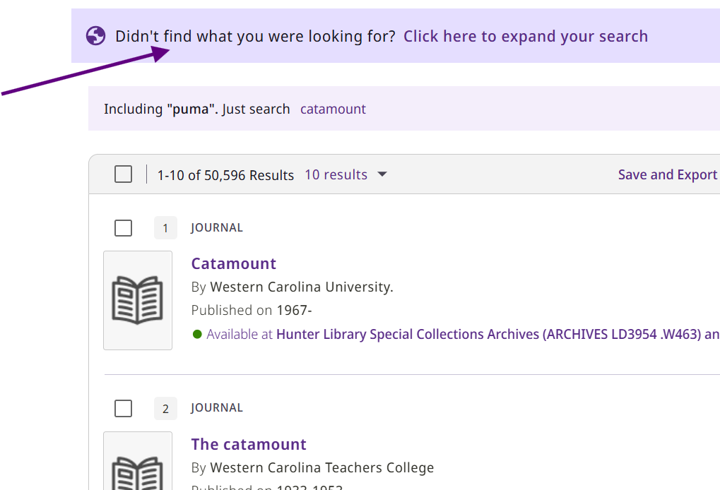 Screenshot of result list with an option to expand search.
