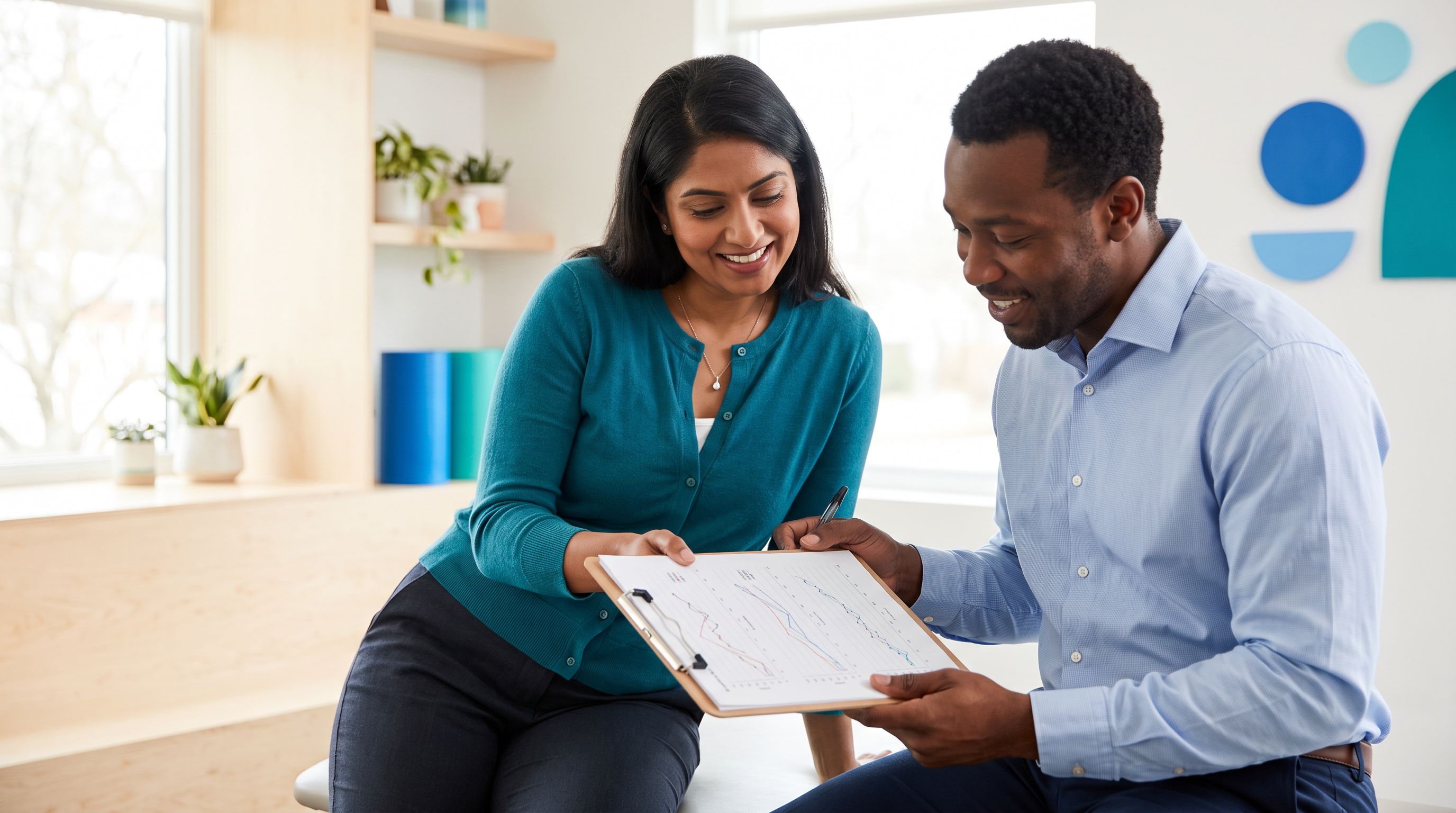A board certified assistant behavior analyst and her BCBA supervisor review client progress-monitoring graphs together on a clipboard in a bright modern ABA clinic.