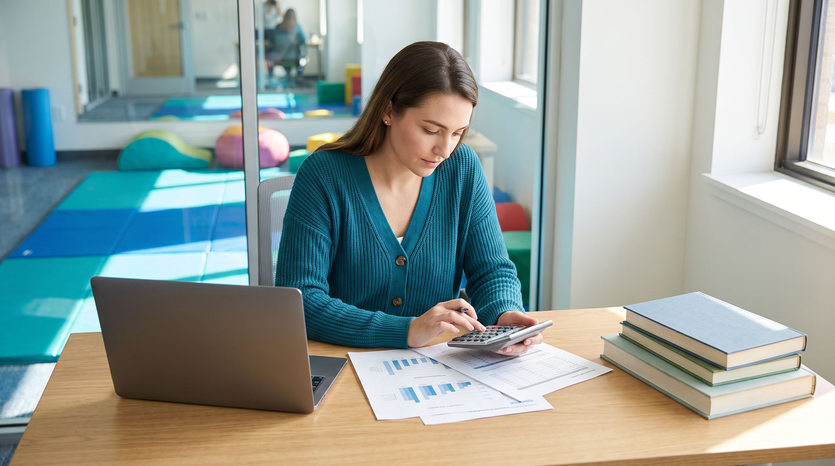 A behavior analyst in a teal cardigan works through costs with a calculator and printed charts at a wood desk beside a laptop and a stack of textbooks, with an ABA therapy room with blue and teal floor mats visible through the glass wall behind her.