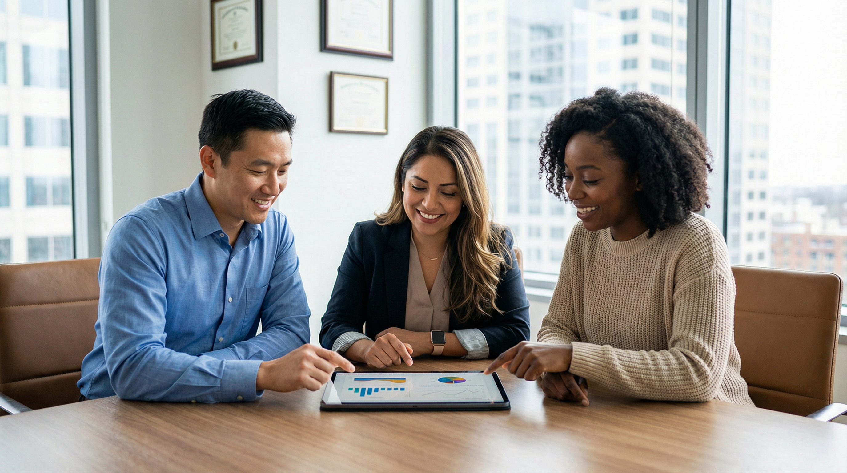 Diverse team of behavior analysts collaborating on BCBA certification client data in modern clinic