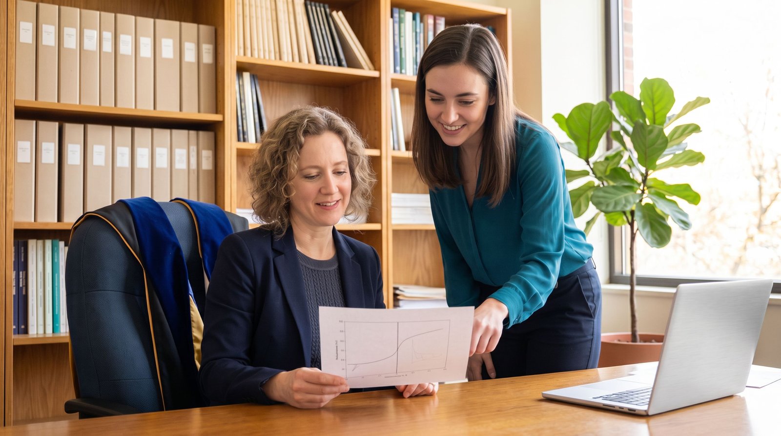 A behavior analyst in a navy blazer, with a doctoral hood draped over her office chair, reviews a printed line graph of behavior data with a smiling younger clinician in a teal blouse in a bright university office lined with bookshelves.