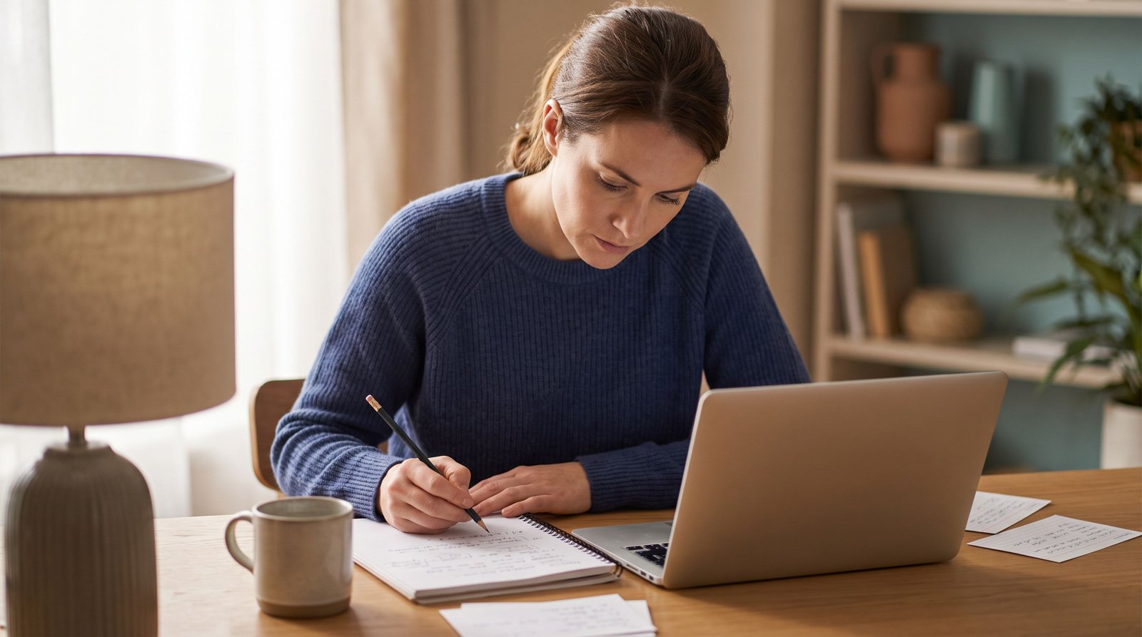 A woman in a navy sweater works through BCBA practice exam questions in a notebook at a wooden desk beside a laptop, index cards and a mug of tea.