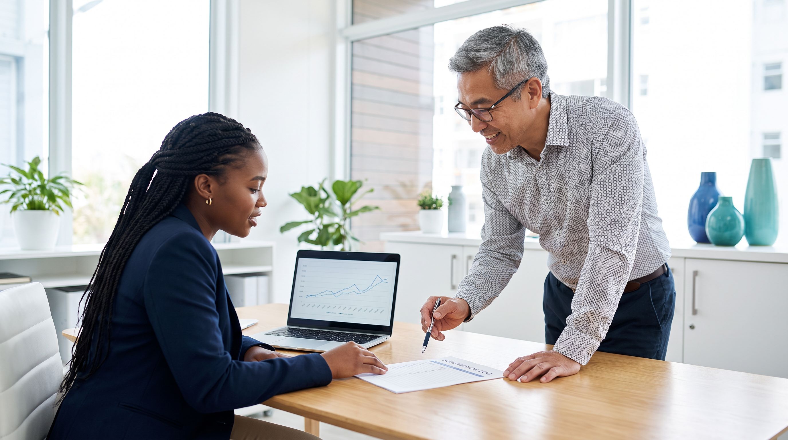 A behavior analyst trainee and her supervisor review a printed supervision log together at a desk in a bright modern clinic office, with a laptop showing a data graph beside them.