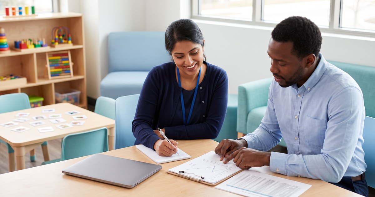 A graduate student intern in a navy cardigan takes notes while her supervising behavior analyst points to a line graph on a clipboard at a table in a bright ABA clinic.