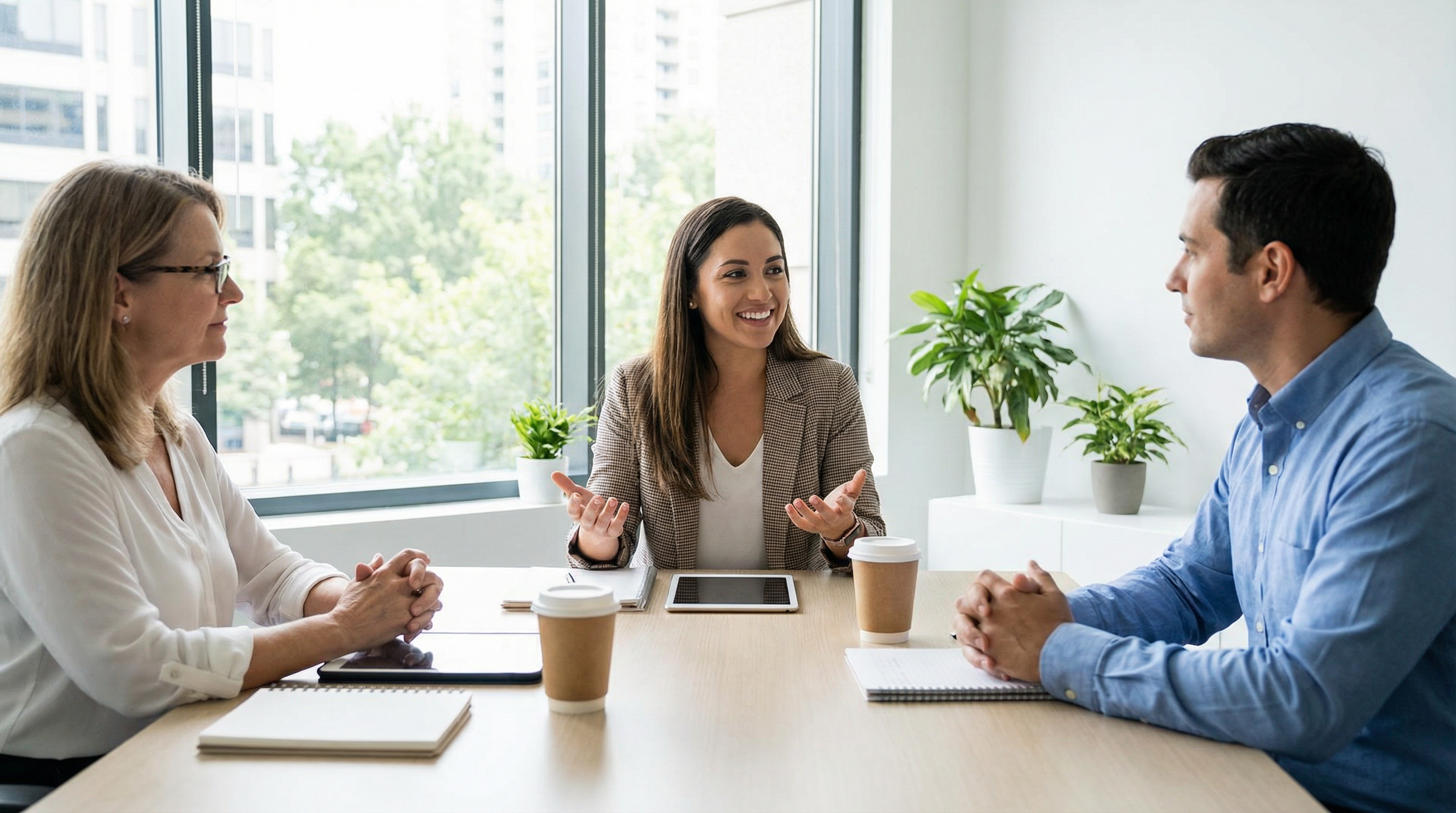 BCBA interview panel with confident candidate answering questions in modern office