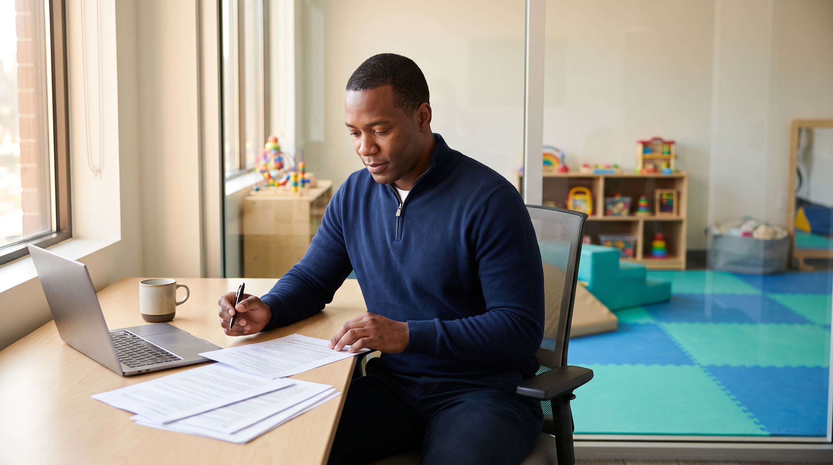 A behavior analyst in a navy quarter-zip sweater reviews printed job offers at a desk beside a laptop in a bright ABA clinic office, with a play room with blue and teal floor mats visible through the glass wall behind him.