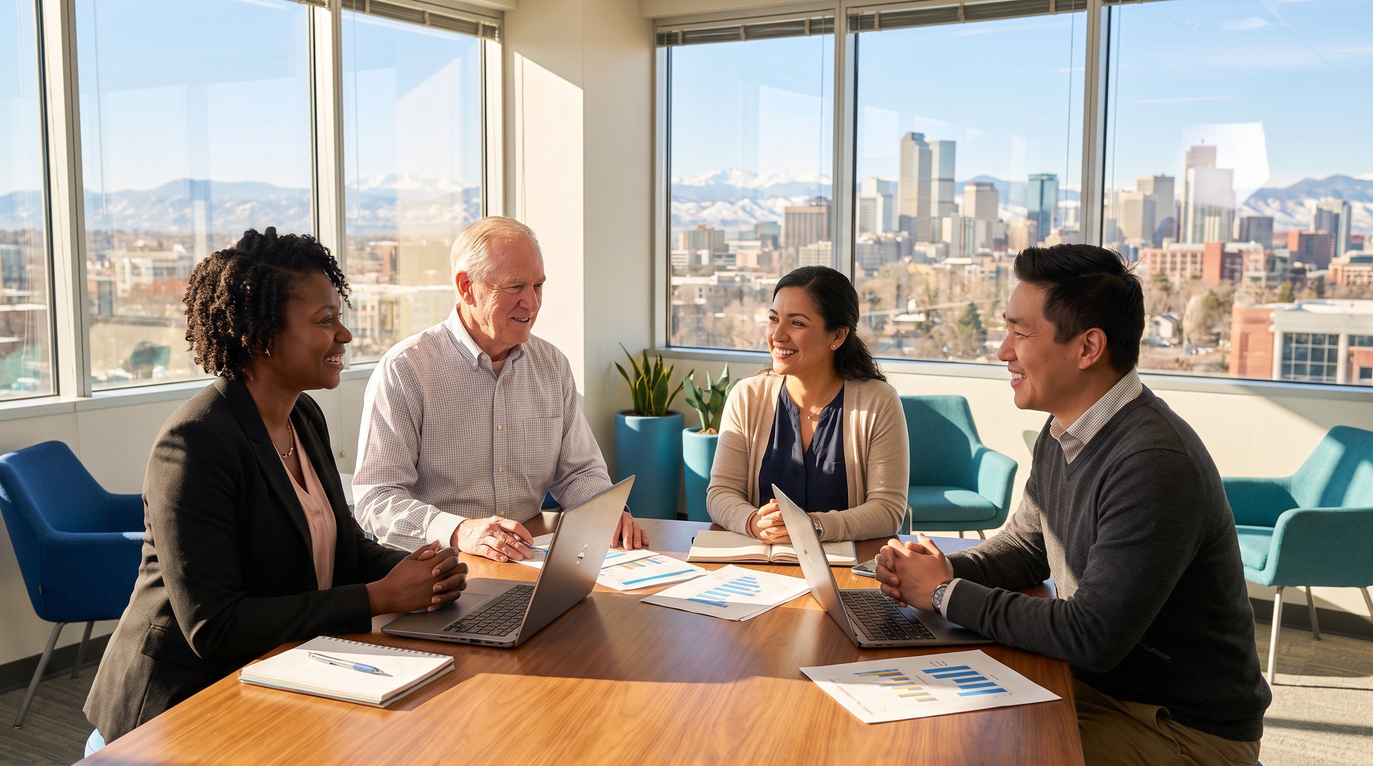 A diverse team of four ABA behavior analysts collaborating around a table in a bright modern Denver office, with the downtown Denver skyline and snow-capped Rocky Mountains visible through the windows.