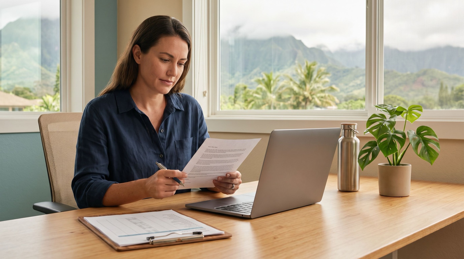 A behavior analyst in a navy linen blouse sits at a light wood desk in a bright clinic office, reading a printed job offer letter with a pen in hand beside an unbranded laptop and a potted monstera, with green volcanic ridges and palm trees visible through the window. A behavior analyst in a navy linen blouse sits at a light wood desk in a bright clinic office, reading a printed job offer letter with a pen in hand beside an unbranded laptop and a potted monstera, with green volcanic ridges and palm trees visible through the window.