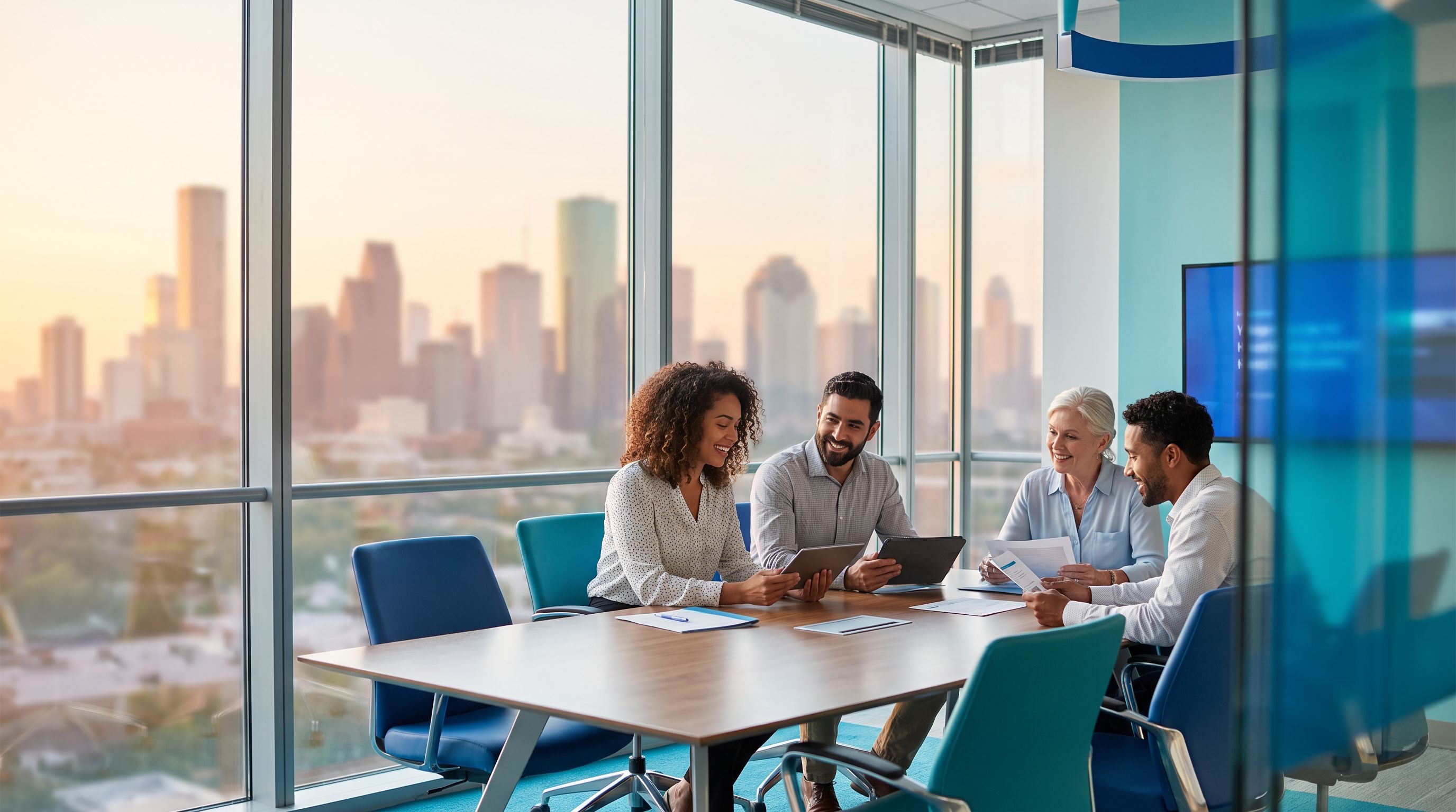 Diverse team of ABA professionals collaborating in a modern Houston office with the city skyline visible through the window Diverse team of ABA professionals collaborating in a modern Houston office with the city skyline visible through the window