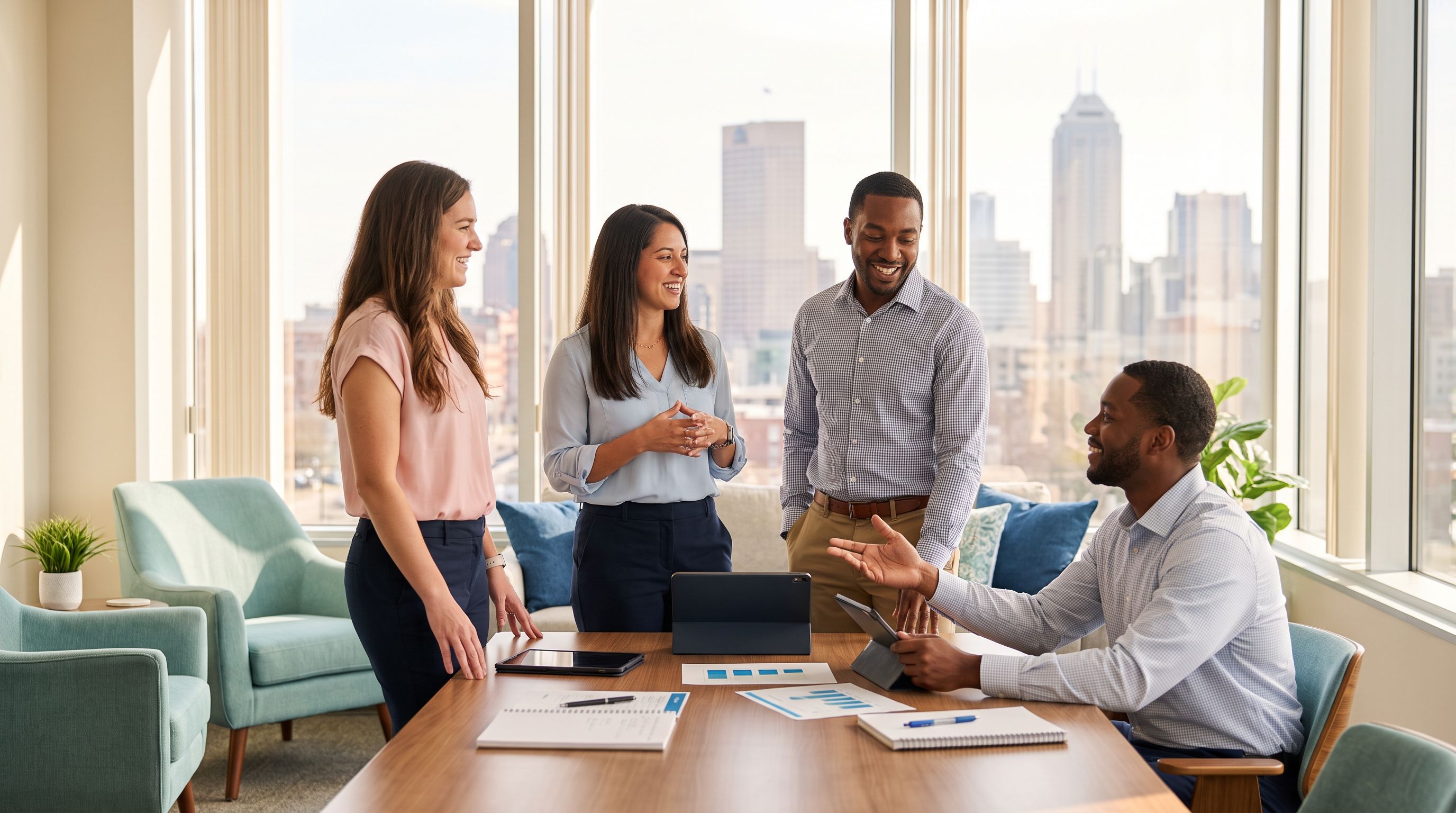 A diverse team of four ABA behavior analysts collaborating in a bright modern Indianapolis office, with the downtown Indianapolis skyline visible through the windows.