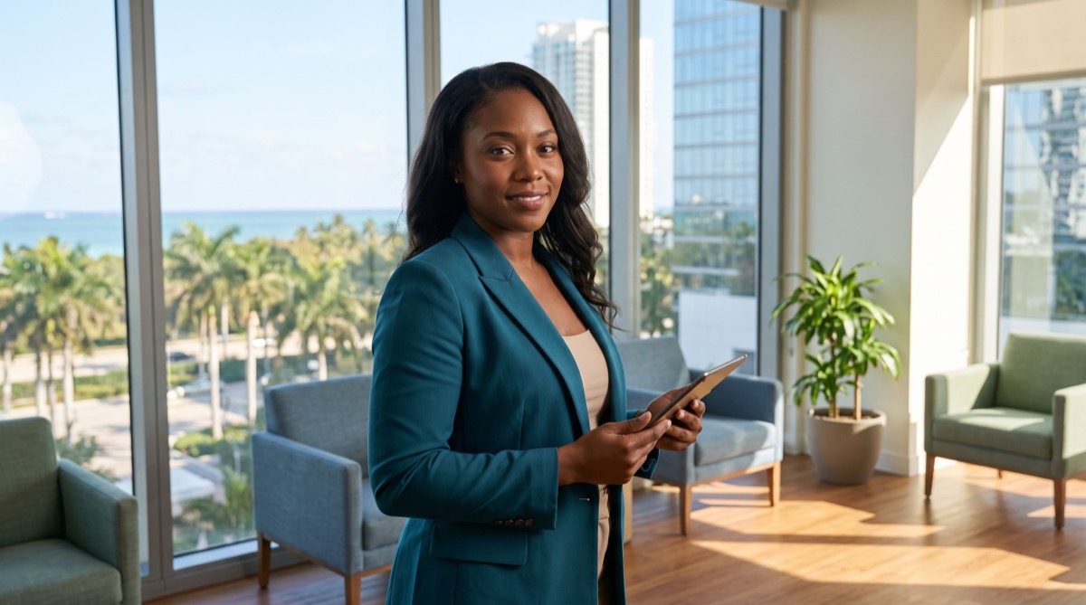 A confident behavior analyst holding a tablet in a bright modern Miami office, with palm trees and the South Florida skyline visible through the windows A confident behavior analyst holding a tablet in a bright modern Miami office, with palm trees and the South Florida skyline visible through the windows