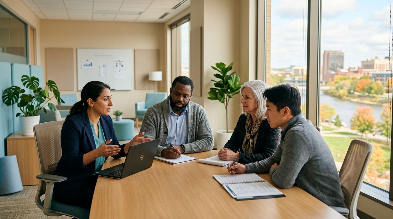 Four diverse behavior analysts in professional attire meeting around a table in a bright modern Michigan clinic, with a river, autumn trees and a Midwestern city skyline visible through the windows.