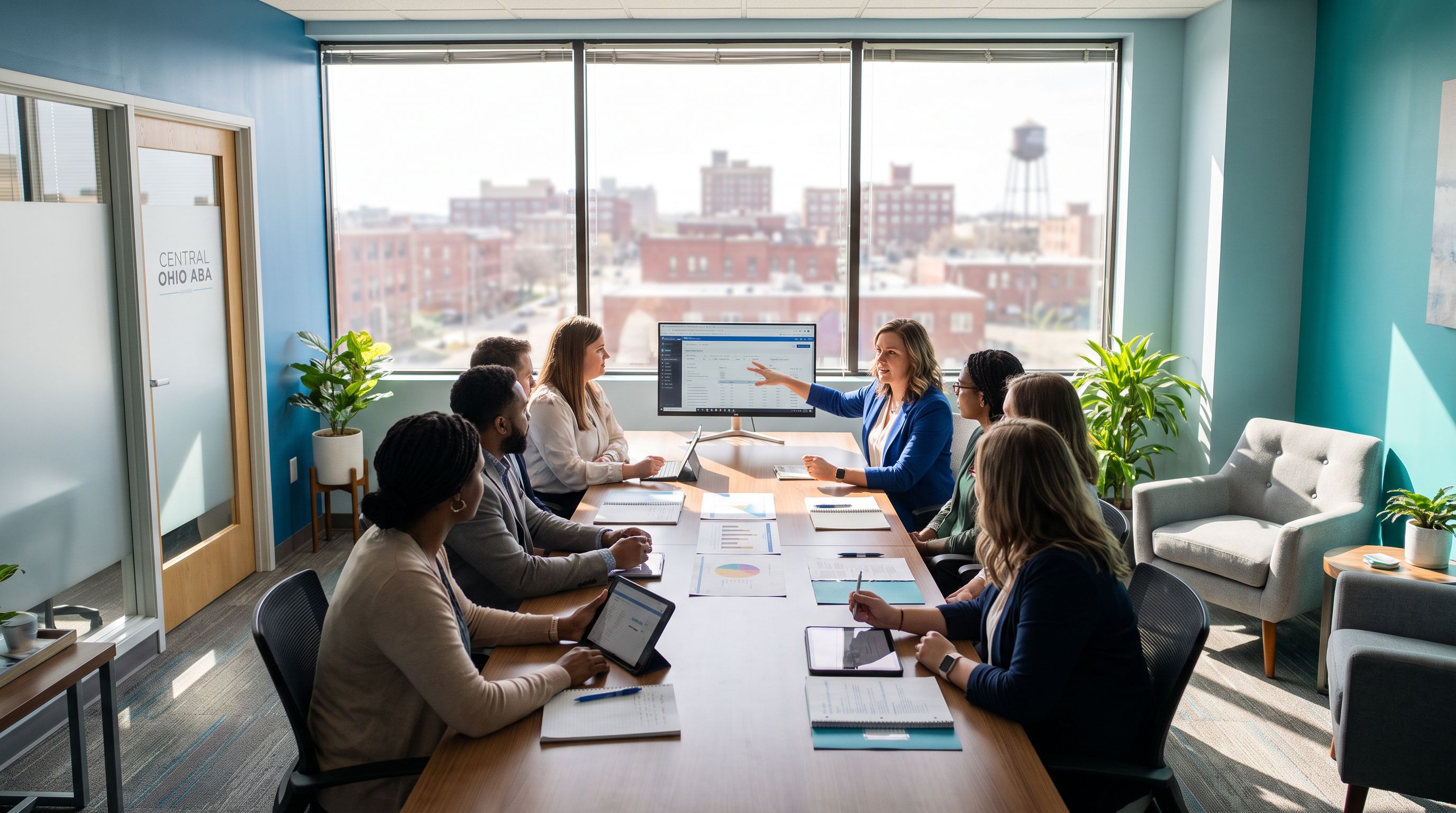 Diverse team of BCBA professionals collaborating in a modern Central Ohio ABA clinic with a Midwestern city skyline visible through the window