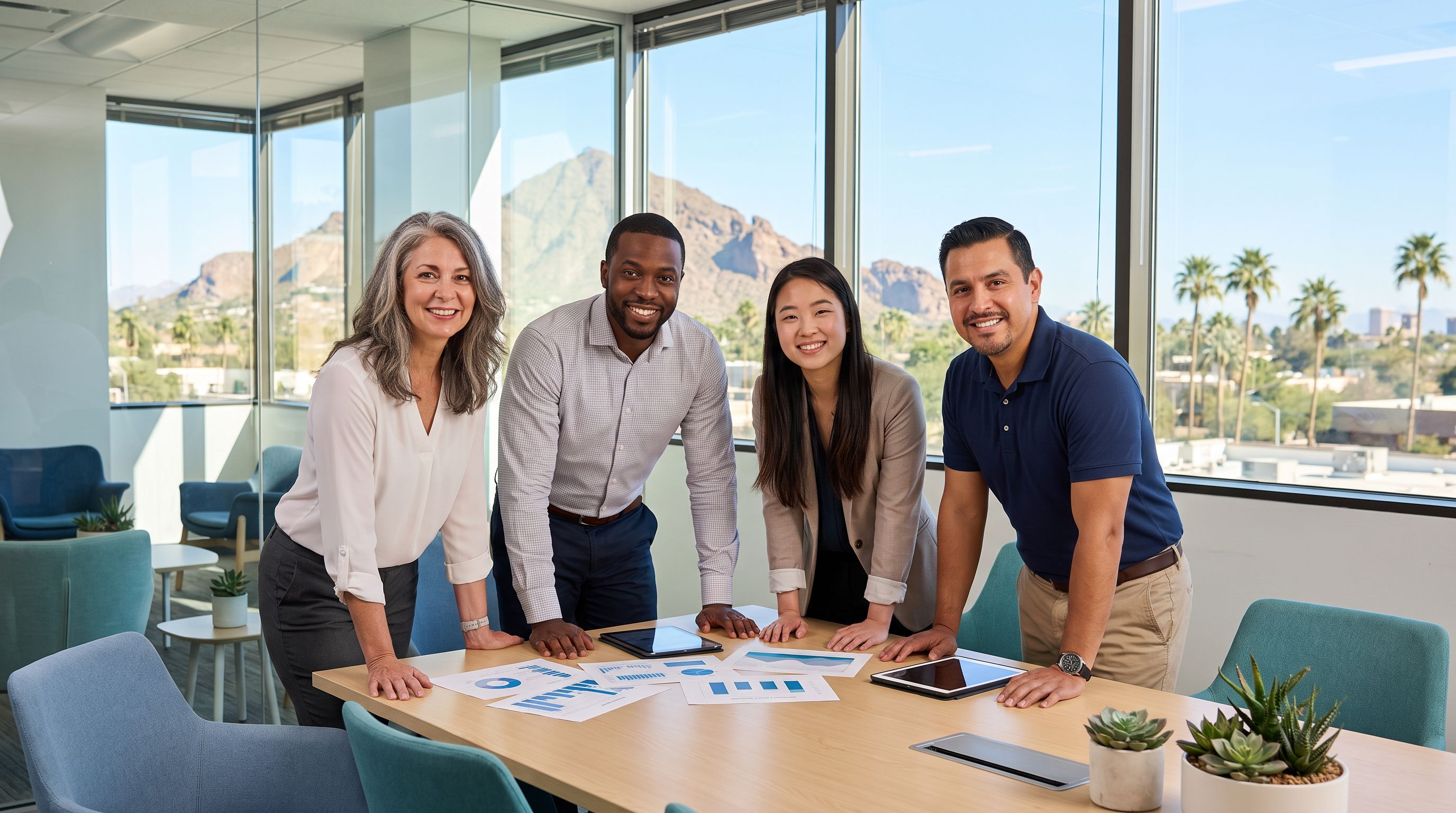 A diverse team of four ABA behavior analysts collaborating around a table in a bright modern Phoenix office, with desert palms and the Camelback Mountain skyline visible through the windows.