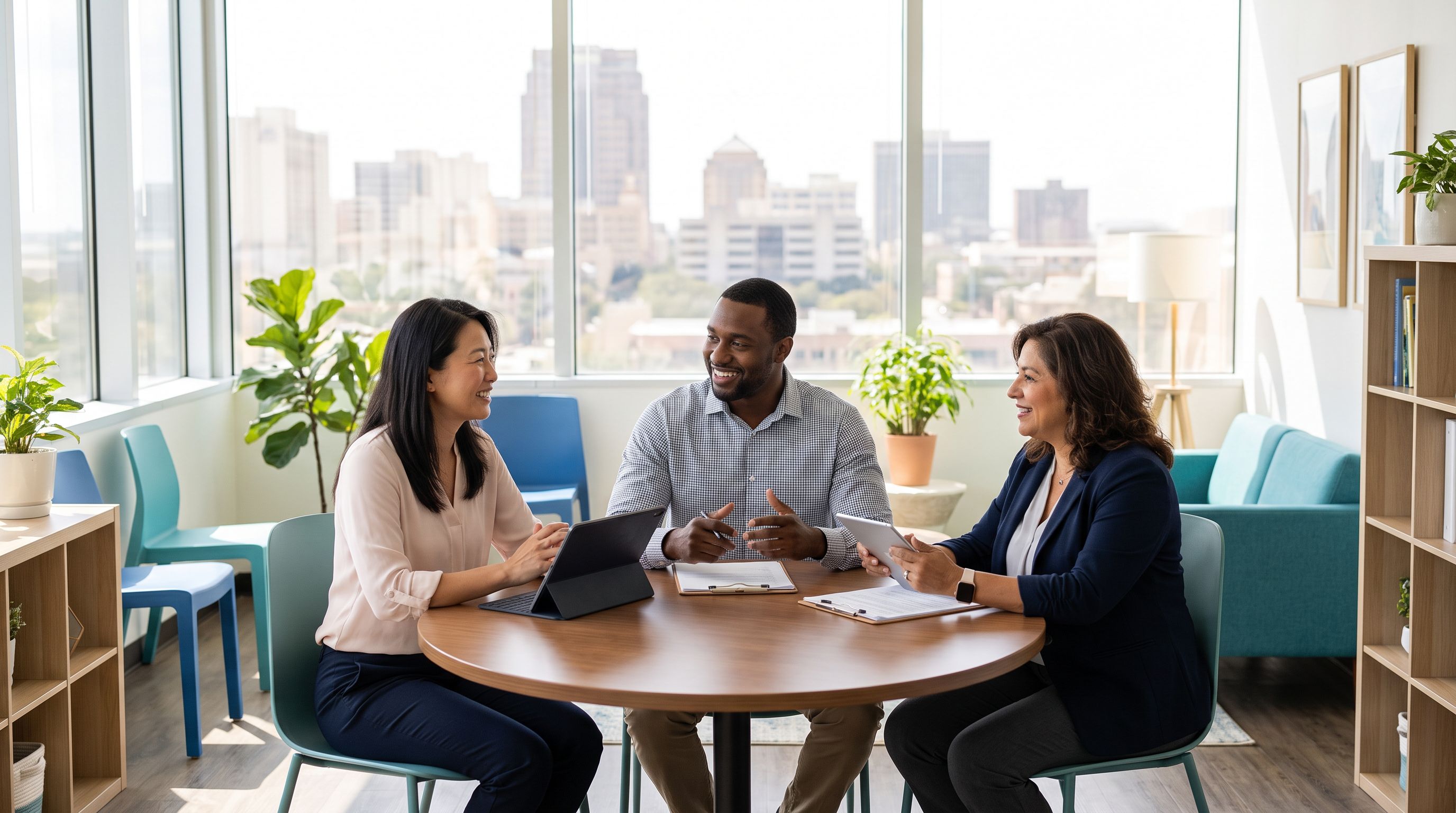 A diverse team of three ABA behavior analysts collaborating around a table in a bright modern San Antonio clinic with the city skyline visible through the windows.