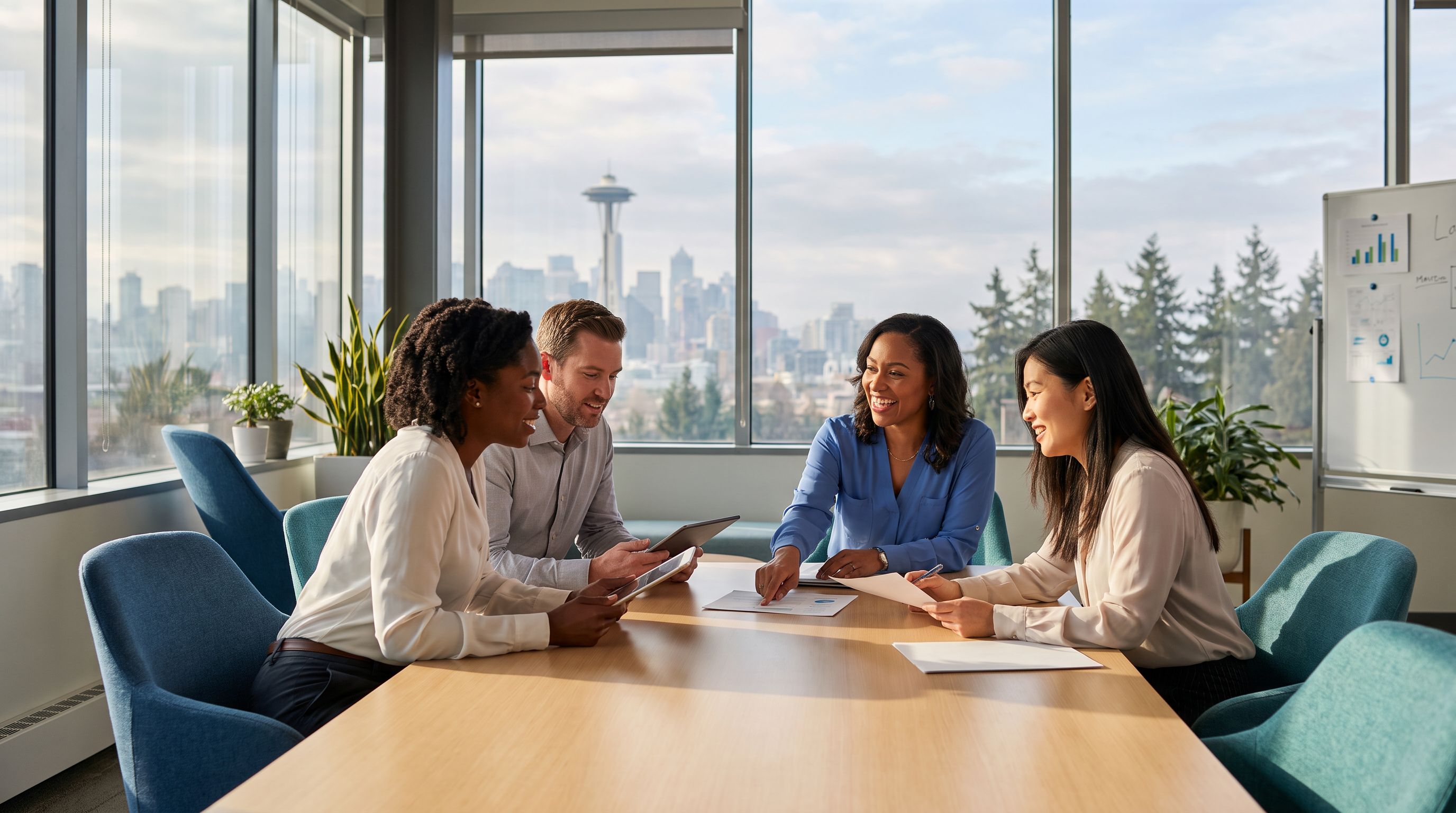 A diverse team of four ABA behavior analysts collaborating around a table in a bright modern Seattle office, with the Seattle skyline and Space Needle visible through the windows.