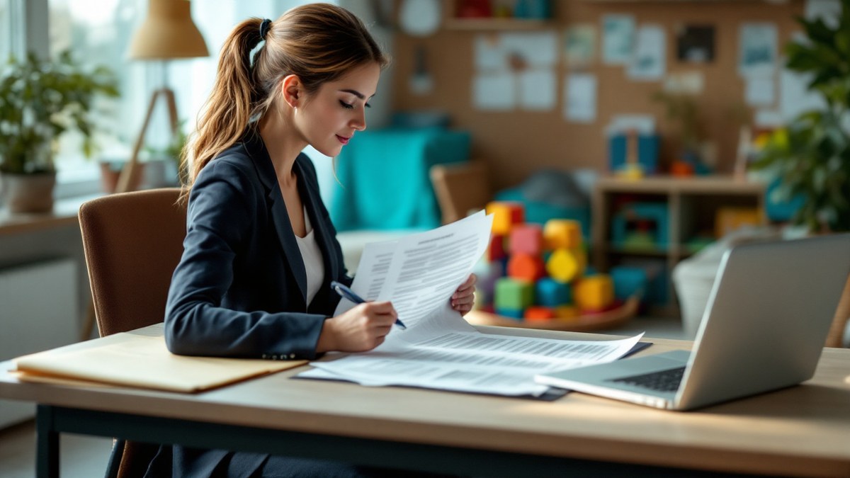 A behavior analyst in a navy blazer reviews a printed policy document with a pen at her desk in a bright ABA clinic office, with colorful foam blocks in the therapy room behind her.