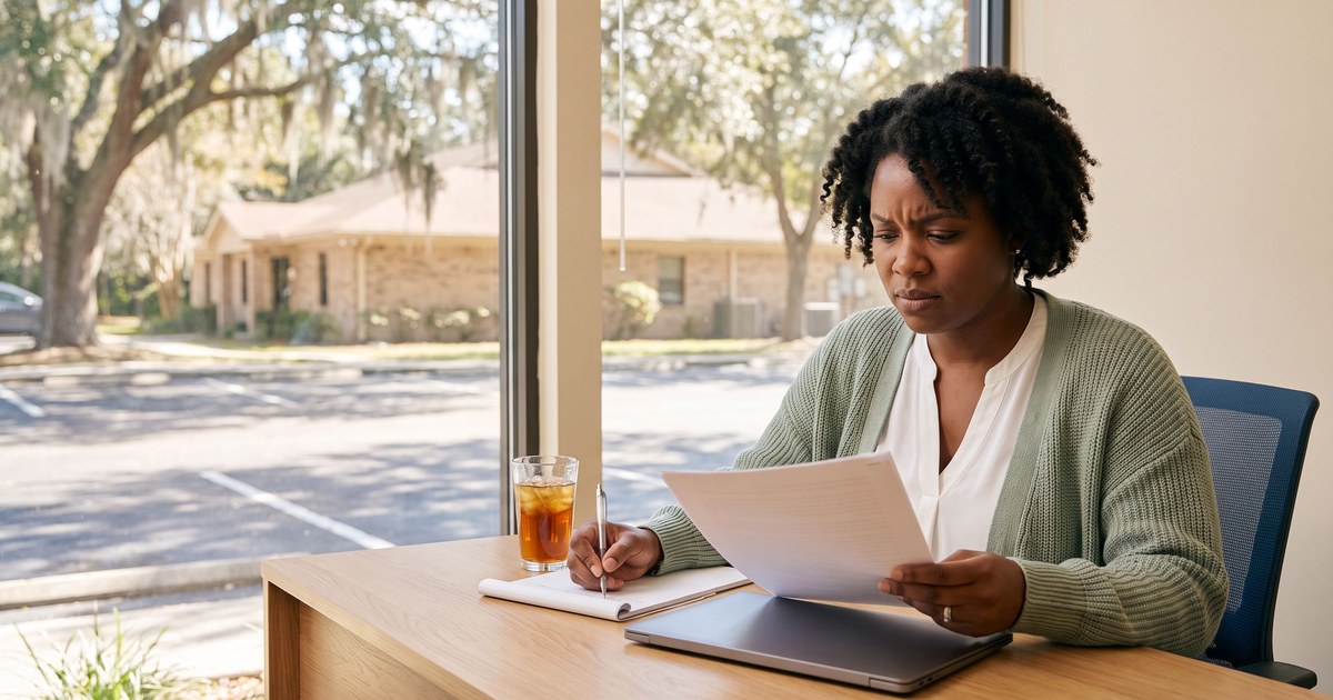 A behavior analyst in a sage-green cardigan sits at a light oak desk in a bright clinic office, reviewing a printed job offer letter and taking notes beside a glass of iced tea, with live oaks draped in Spanish moss and a low brick office building visible through the window.