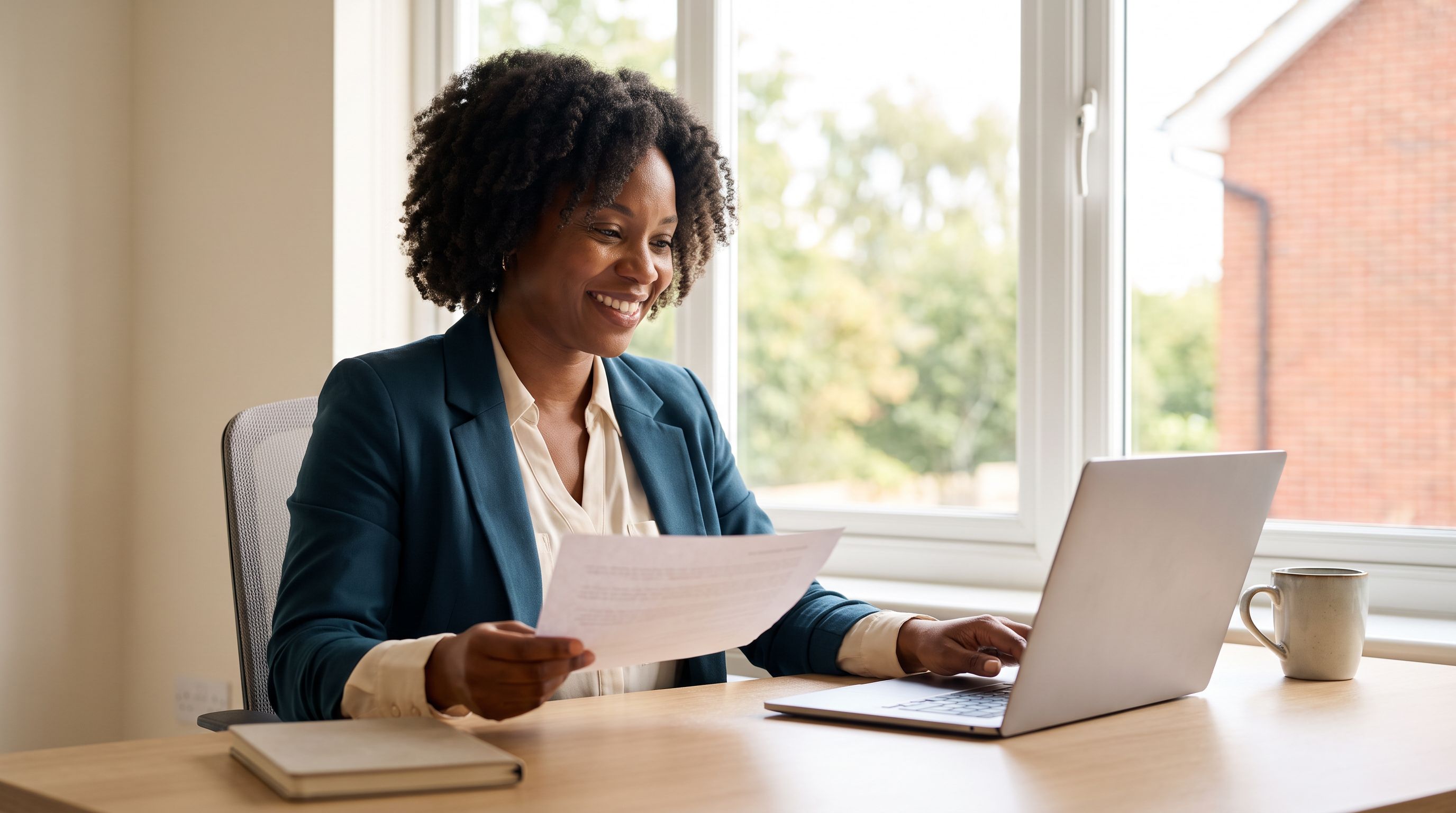 A Black woman in a teal blazer, a board certified behavior analyst, reviews a printed job offer letter beside a laptop in a bright suburban Maryland office.
