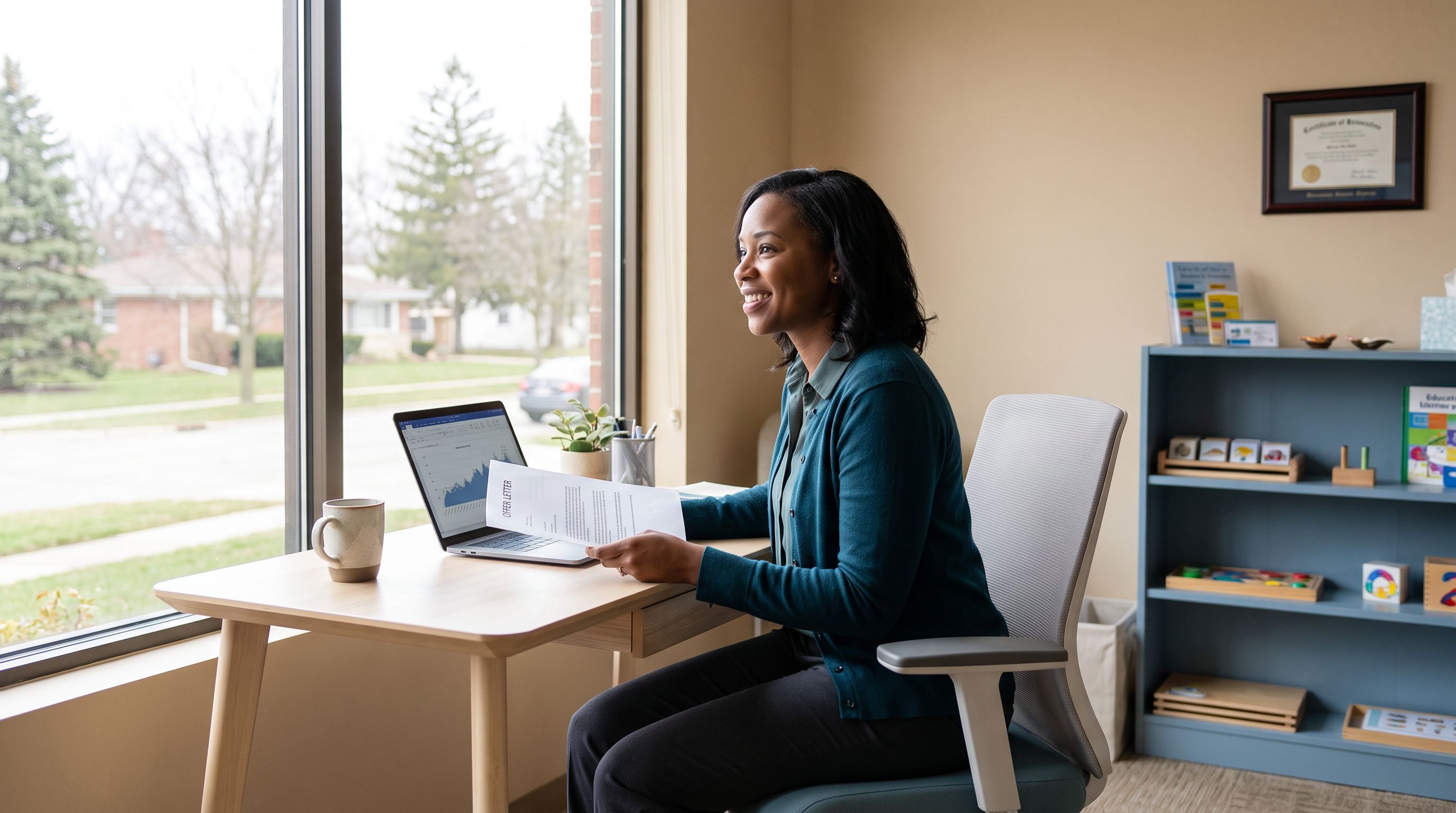 A Black female BCBA in a teal cardigan reviews a printed job offer letter beside a laptop in a bright Michigan clinic office.