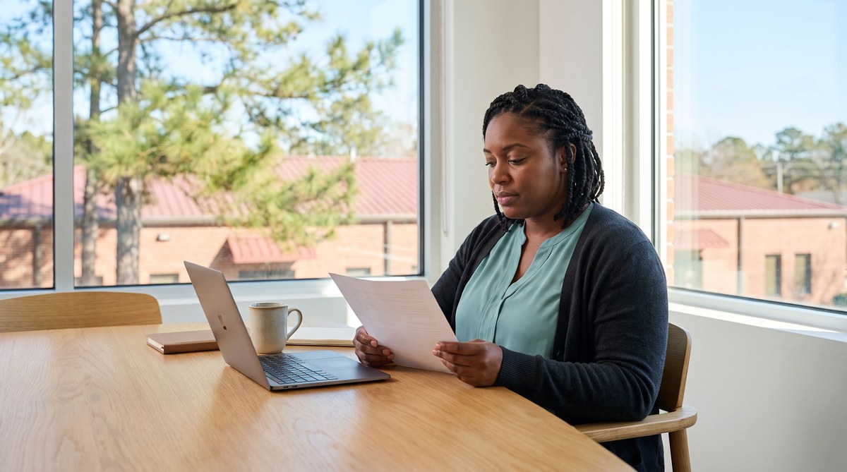 A behavior analyst in a teal blouse and dark cardigan sits at a light oak table in a bright clinic office, reading a printed job offer, with a laptop and coffee mug beside her and longleaf pines and red-brick buildings visible through the window.
