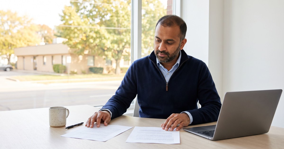 A behavior analyst in a navy quarter-zip sweater sits at a pale wood table in a bright clinic office, comparing two printed job offer letters side by side, with a laptop and coffee mug nearby and early-autumn trees and a low brick office building visible through the window.