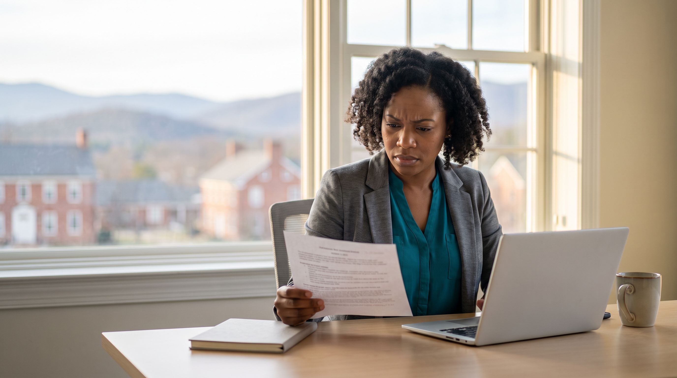 A behavior analyst in a teal blouse and grey blazer sits at a light wood desk in a bright office, reading a printed job offer with a careful, evaluating expression, with Blue Ridge foothills and red brick buildings visible through the window behind her.