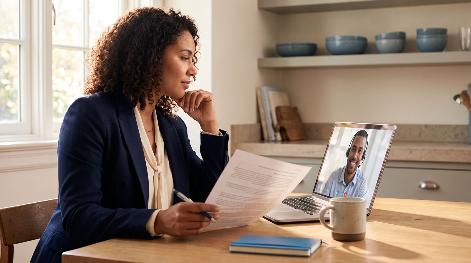 A behavior analyst in a navy blazer sits at her kitchen table holding a printed job offer while she talks with a recruiter on a video call on her laptop.
