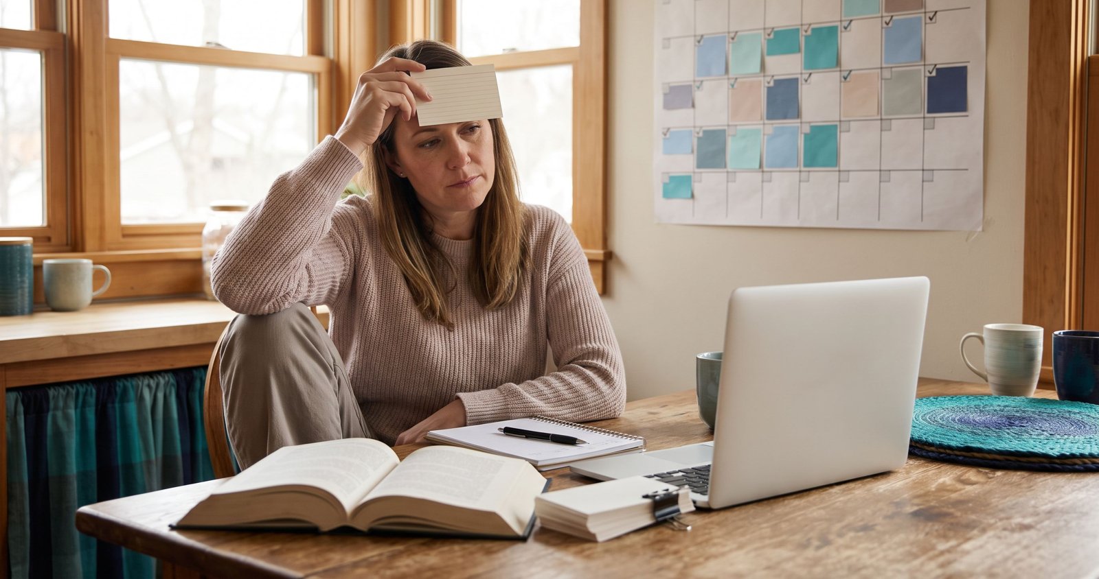 A woman in a pink sweater quizzes herself with an index card at a wooden kitchen table with an open textbook, a notebook, a laptop and a clipped stack of flashcards, beside a wall planner of colored squares. A woman in a pink sweater quizzes herself with an index card at a wooden kitchen table with an open textbook, a notebook, a laptop and a clipped stack of flashcards, beside a wall planner of colored squares.
