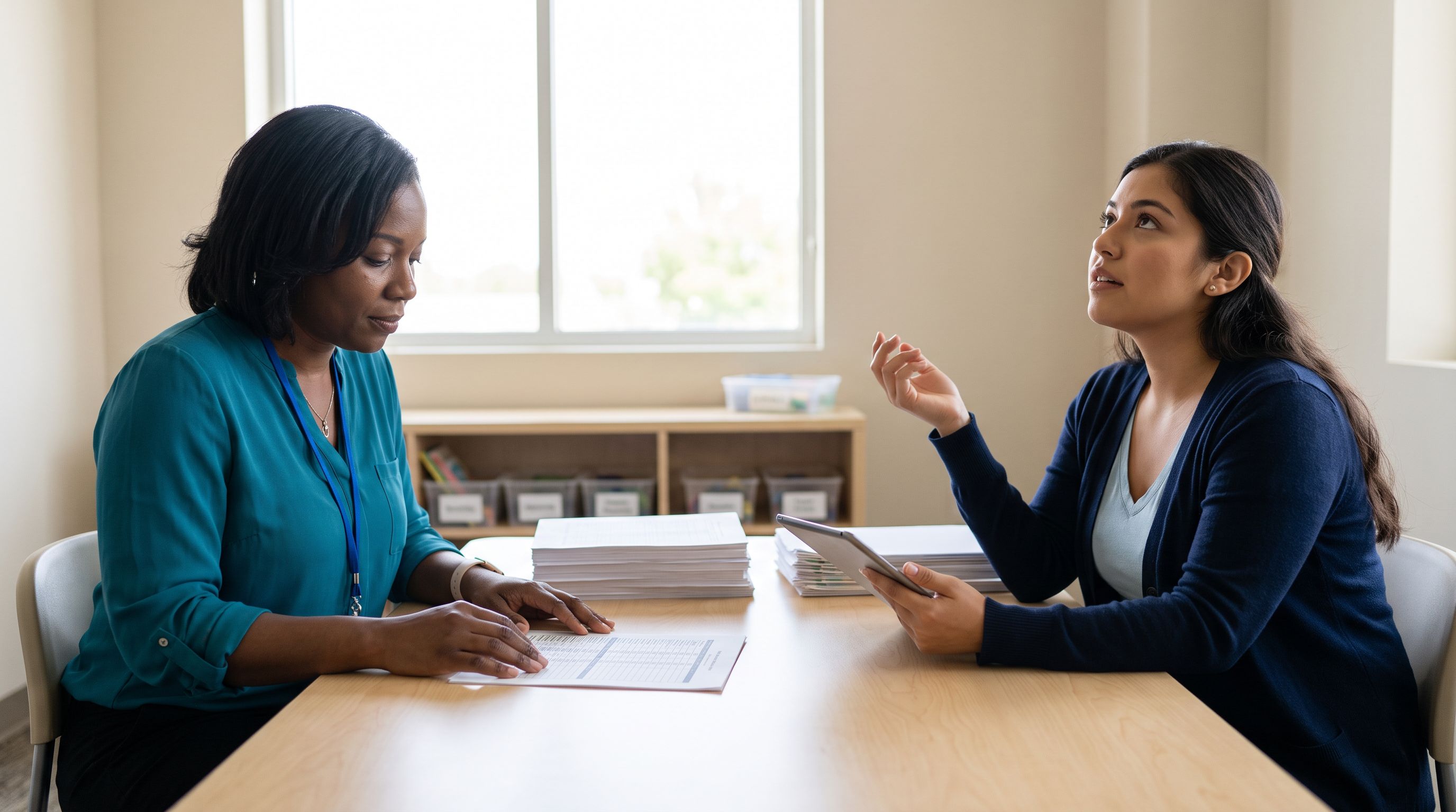 Two behavior analysts sit across a light wood table in a bright clinic workroom reviewing printed data sheets, with two stacks of paperwork of different heights between them.