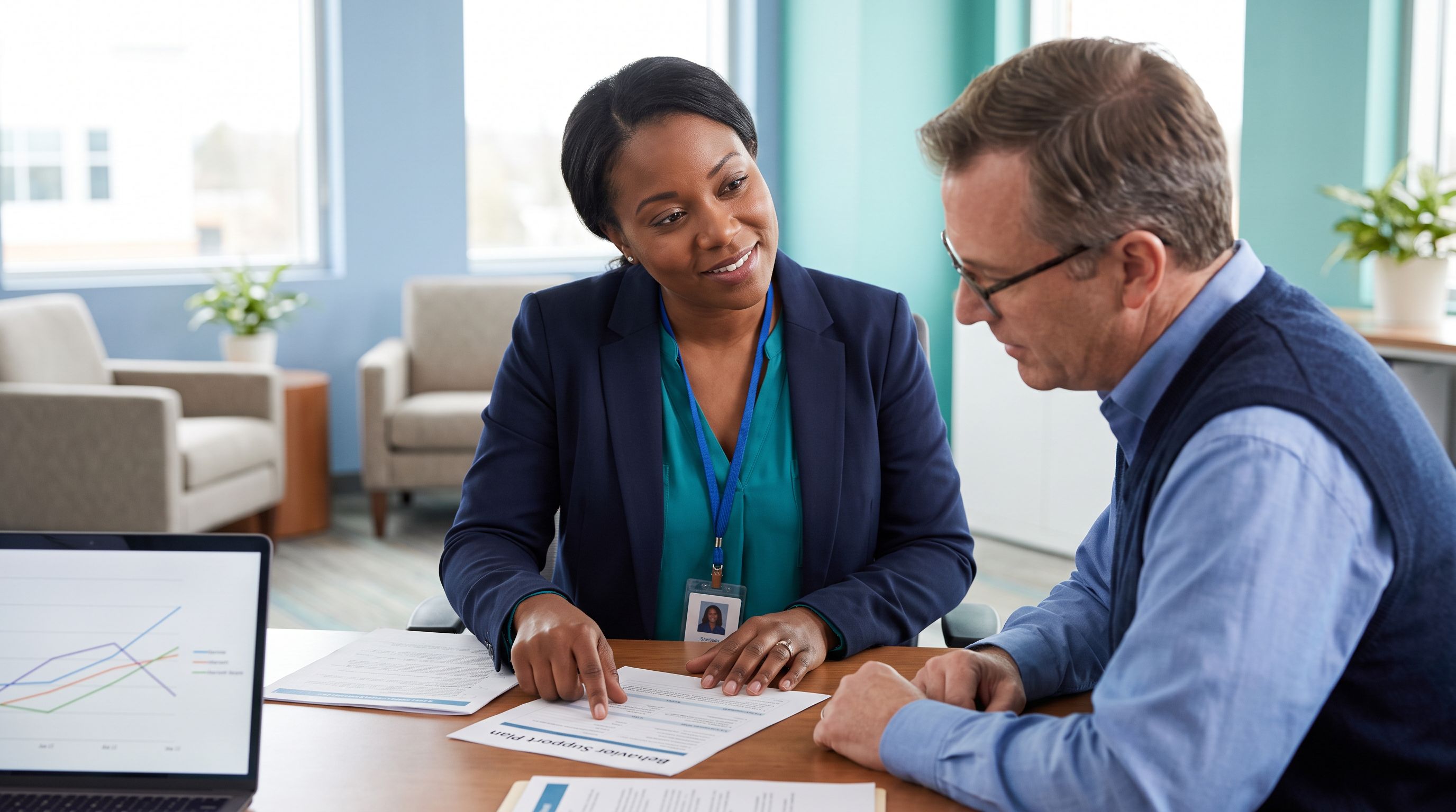 A behavior specialist in a navy blazer and teal top reviews a printed behavior support plan with a special education teacher at a school conference table, with a laptop showing a line graph of behavior data.