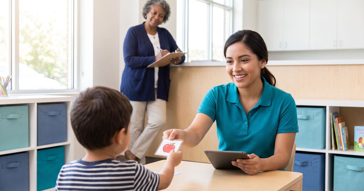 A behavior technician in a teal polo shows a picture card of an apple to a young child at a low table in a bright ABA clinic, while a supervising BCBA takes notes on a clipboard in the background.
