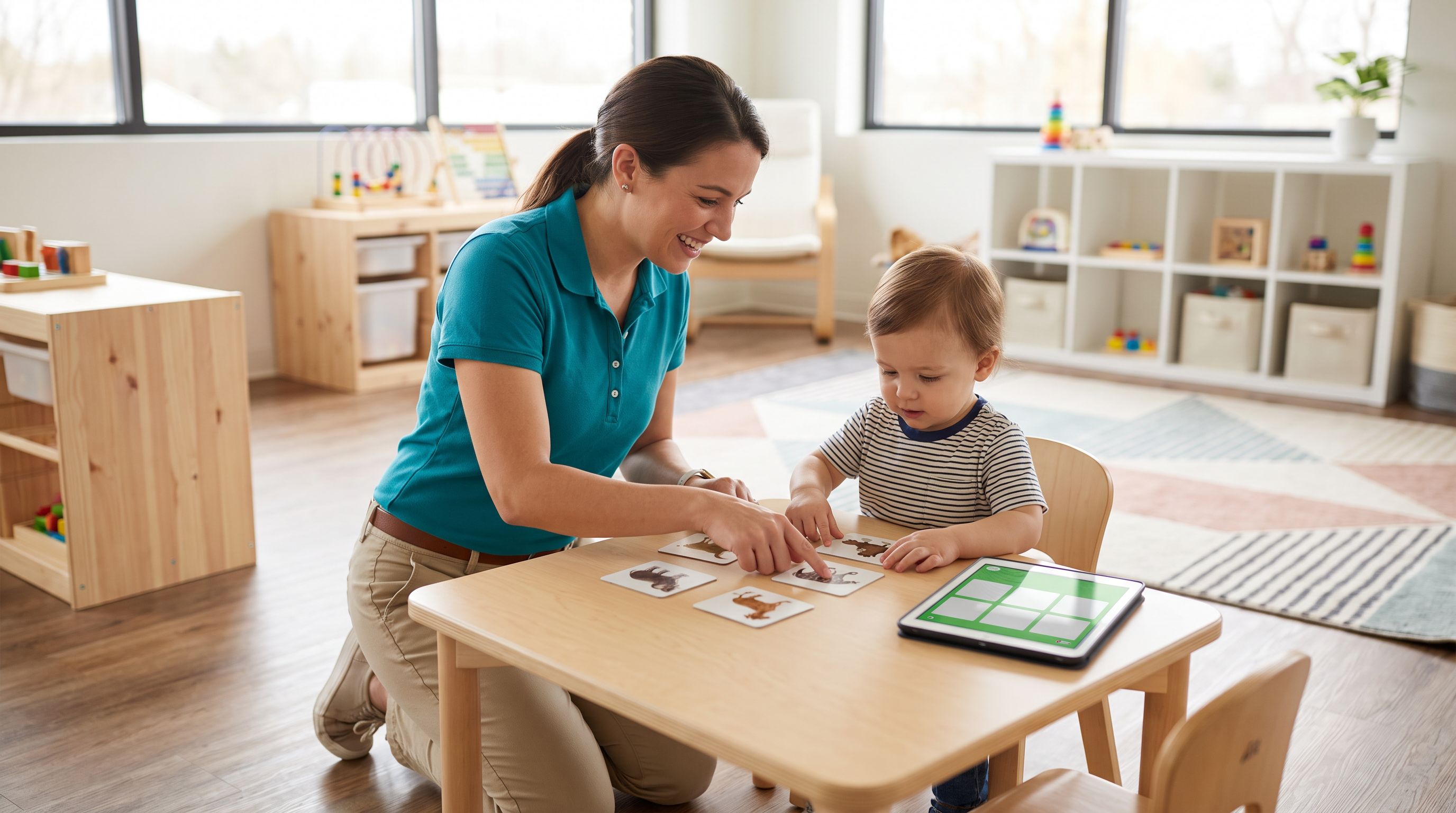A behavior therapist in a teal polo kneels at a child-size table and works with a young boy on a picture-card matching task, with a tablet showing a data sheet, in a bright ABA clinic playroom. A behavior therapist in a teal polo kneels at a child-size table and works with a young boy on a picture-card matching task, with a tablet showing a data sheet, in a bright ABA clinic playroom.