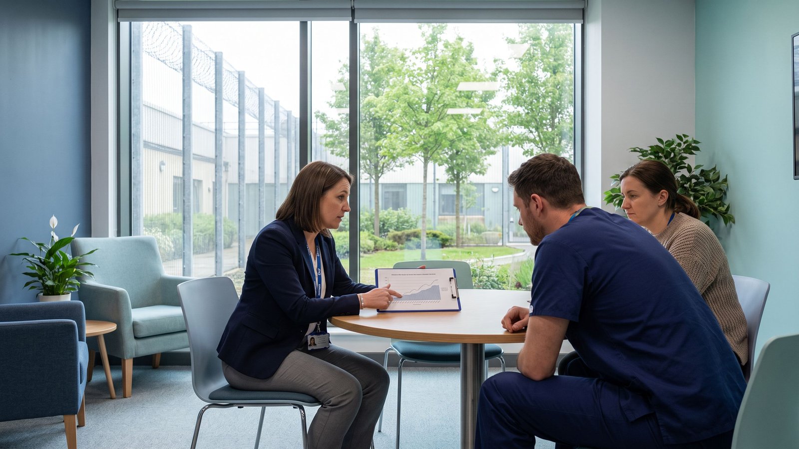 A behavior analyst with an ID badge reviews a behavior data graph with a nurse in scrubs and a social worker at a table in a calm hospital team room, with a secure fenced courtyard and trees visible through the window.