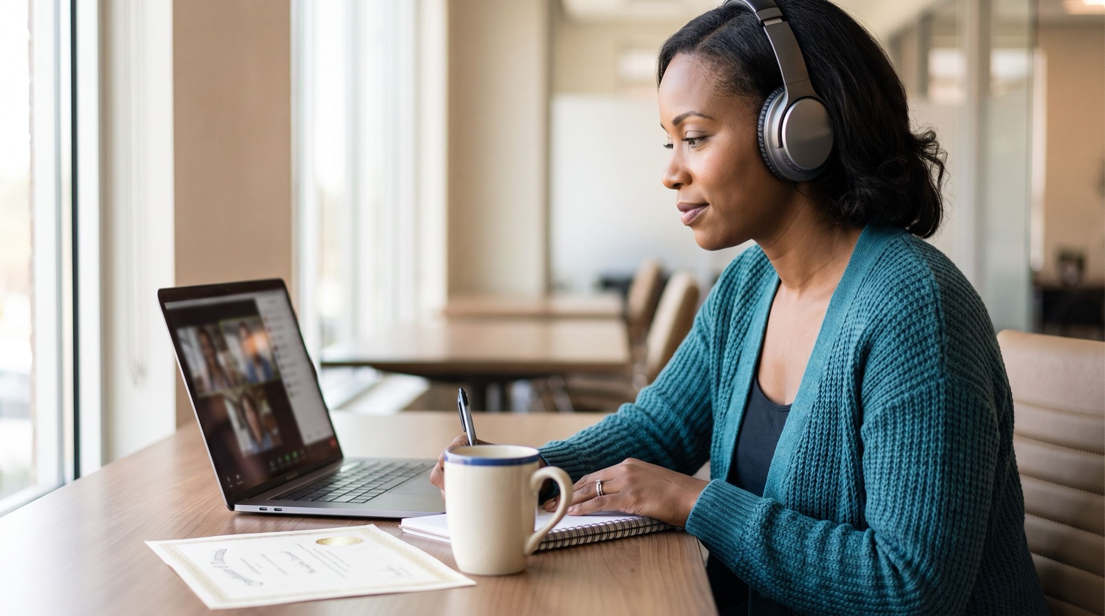 A behavior analyst in a teal cardigan and headphones takes notes while watching a live webinar on her laptop at a sunny office desk, with a continuing education certificate and a coffee mug beside her.
