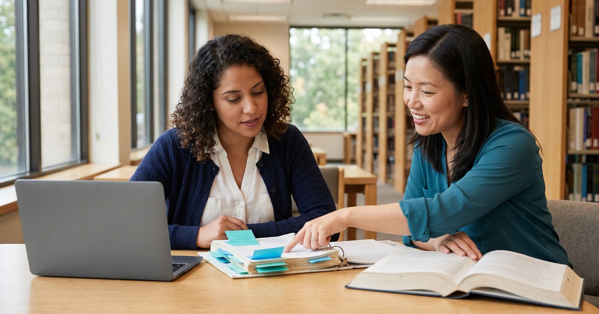 A graduate student in a navy cardigan reviews a tabbed supervision log binder at a library table while her supervisor in a teal blouse points to a page and smiles, with a laptop and an open textbook on the table.