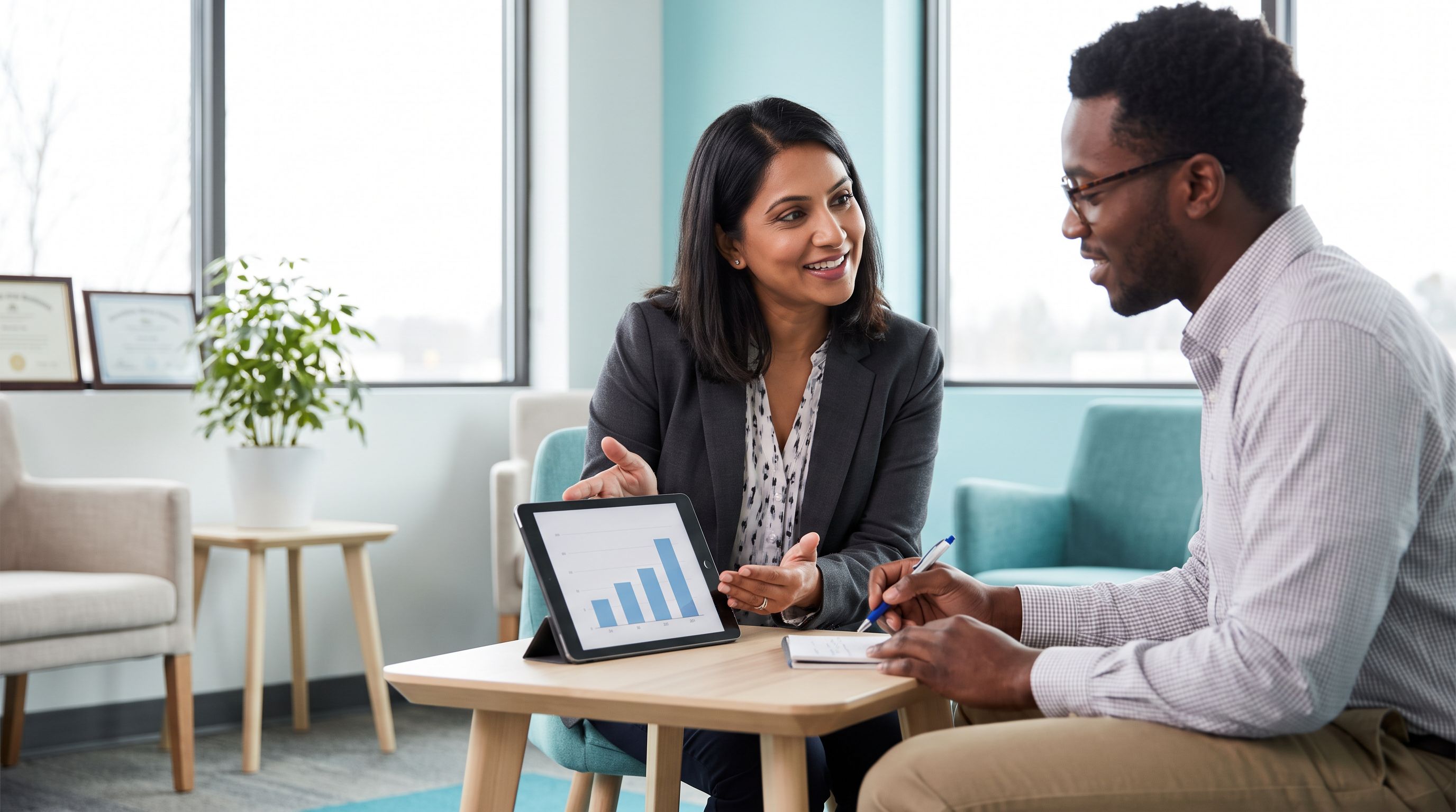 A BCBA supervisor reviews data on a tablet with a behavior-analyst trainee in a bright modern clinic office.
