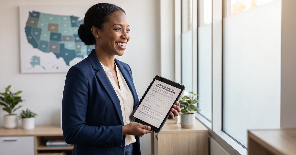 A board certified behavior analyst reviews a state licensing application on a tablet in a modern clinic office, with a map of the United States on the wall behind her