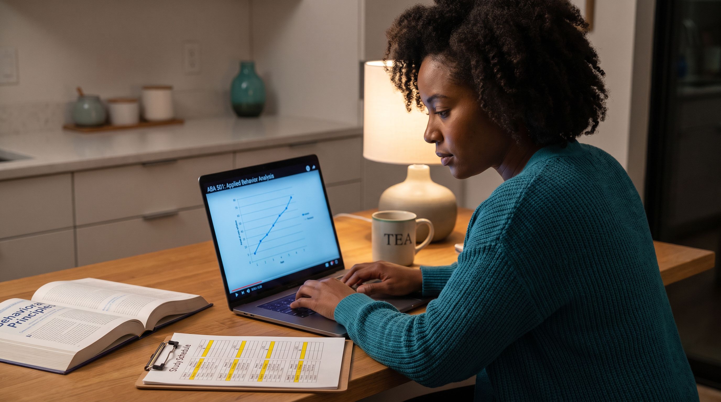 A graduate student in a teal sweater studies at her kitchen table in the evening, watching an online applied behavior analysis lecture with a line graph on her laptop, beside an open behavioral principles textbook, a highlighted study schedule and a mug of tea.