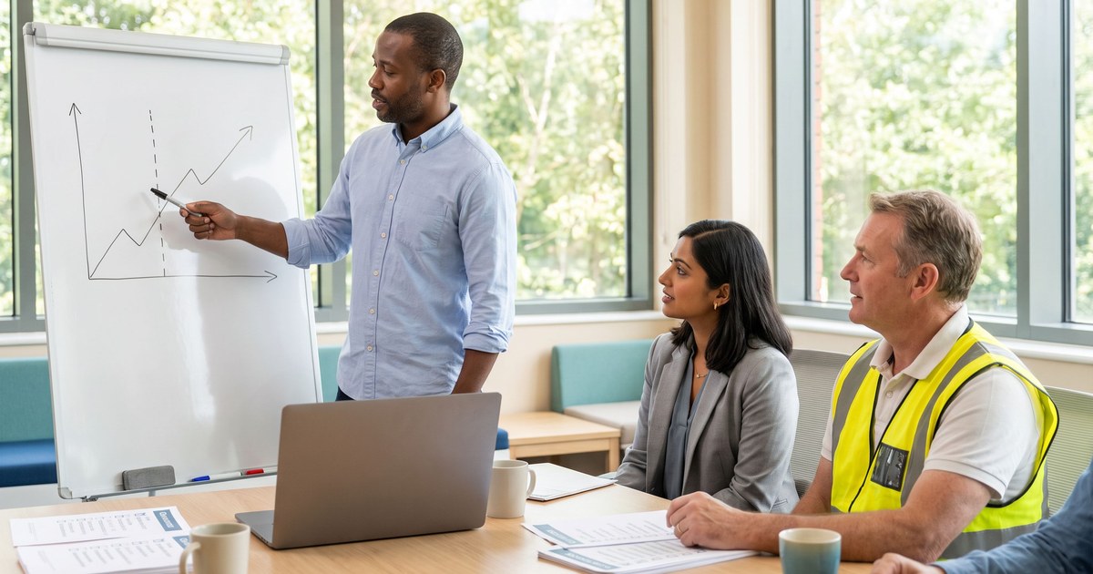 A behavior analyst in a light blue shirt points to a hand-drawn line graph with an upward trend and a phase-change line on a whiteboard while two colleagues, one in a grey blazer and one in a high-visibility safety vest, listen at a meeting table in a bright company office.