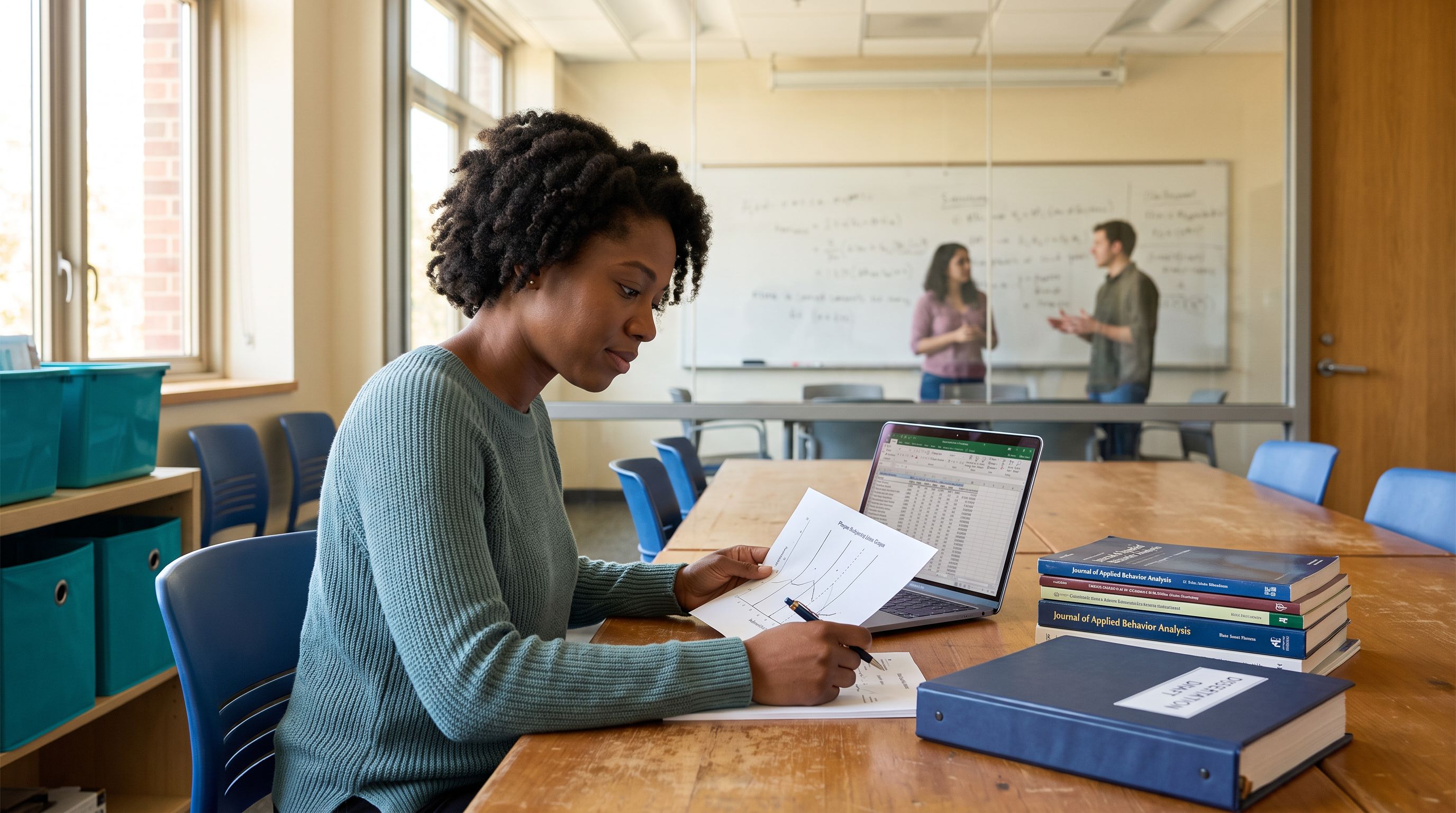 A doctoral student in a teal sweater reviews a printed single-case research graph at a long wooden table in a university research lab, beside a laptop showing a data spreadsheet, a stack of Journal of Applied Behavior Analysis issues and a dissertation binder, while two colleagues talk at a whiteboard behind a glass wall.