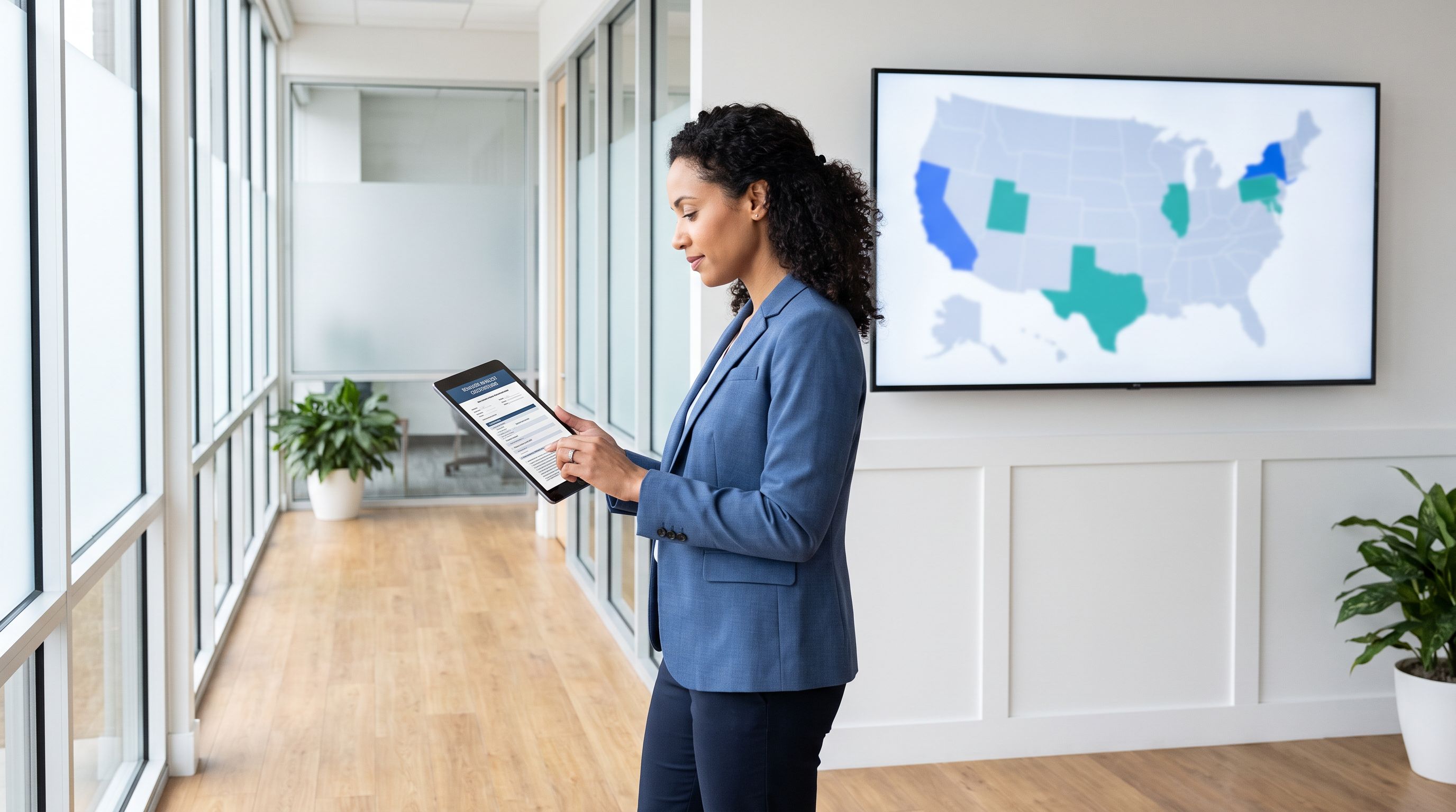 A behavior analyst reviews credentialing requirements on a tablet in a modern clinic hallway, with a US map of licensing states displayed on a wall screen behind them. A behavior analyst reviews credentialing requirements on a tablet in a modern clinic hallway, with a US map of licensing states displayed on a wall screen behind them.