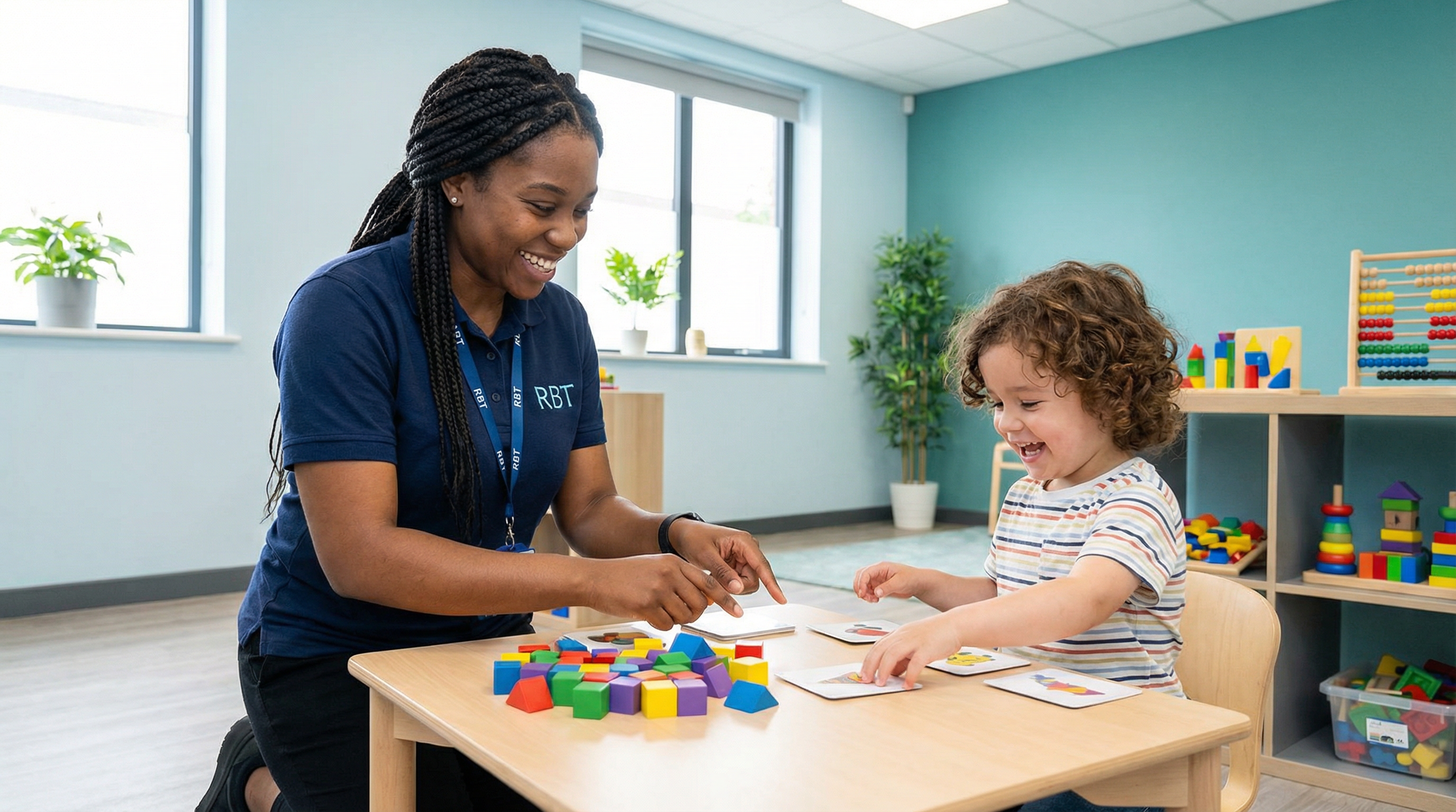 RBT working one-on-one with young child using learning materials in bright therapy clinic