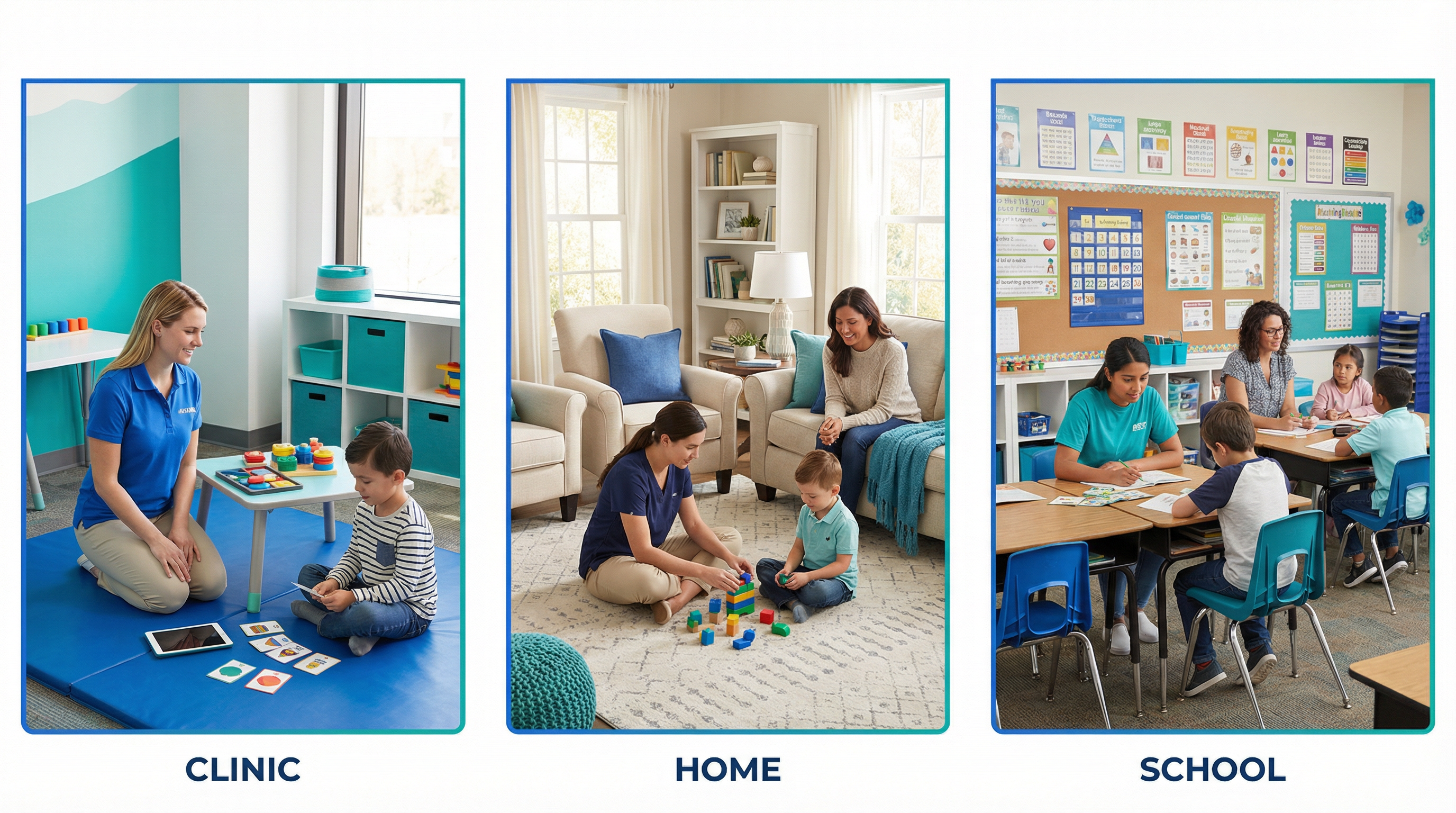 Diverse RBT work environments including clinic, home, and school settings for job description variety